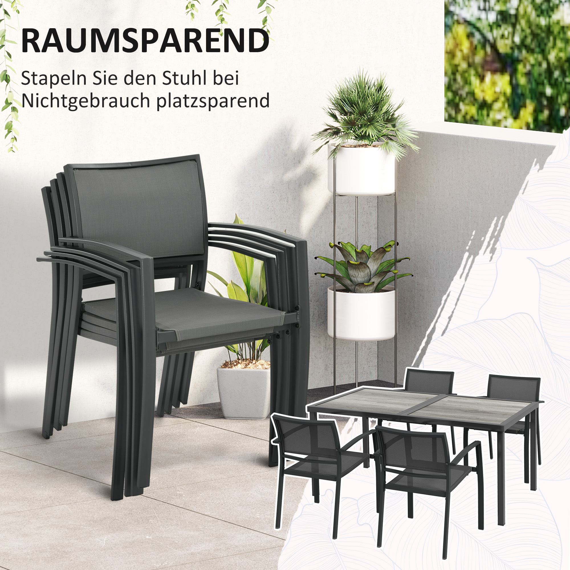 Gartenmöbel-Set Gartensitzgruppe, 1 Tisch, 4 Stühle, 150 x 87 x 72 cm, Grau