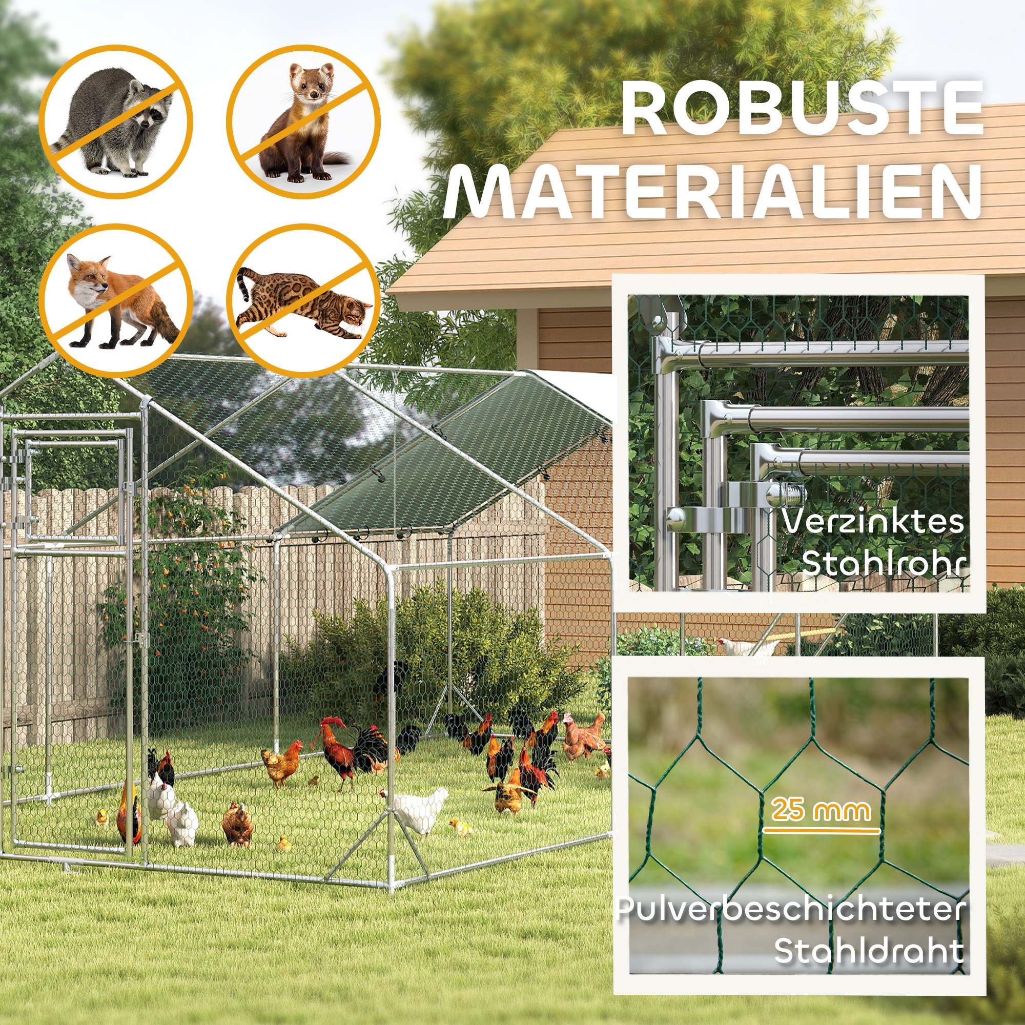 Hühnerstall, Freilaufgehege für Hühner, mit UV-beständiger Plane, Stahlgitter, Futterautomat, für 18-24 Hühner