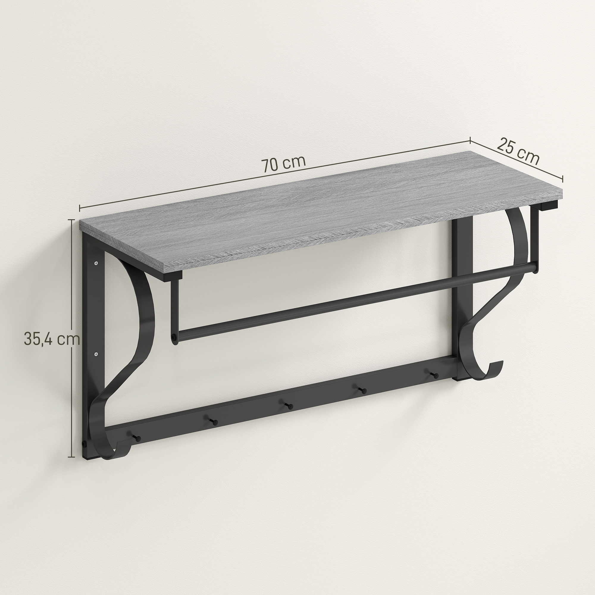 Wandmontierter Kleiderständer, Kleiderhaken, 5 Haken, oberes Fach, vielseitig, Grau