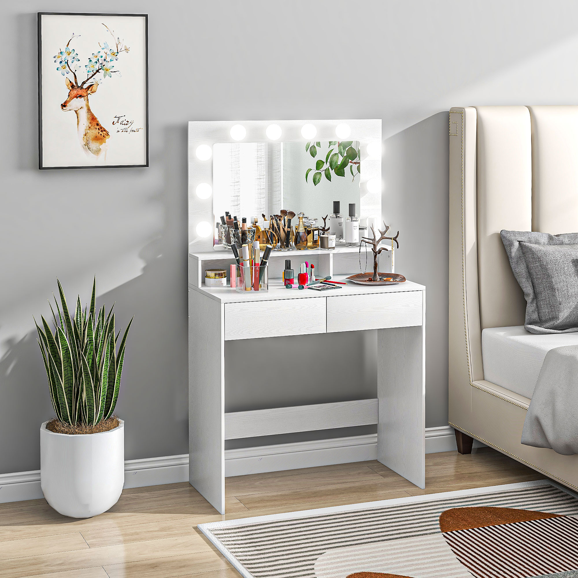 Frisiertisch mit beleuchtetem Spiegel, Schubladen, 3 Lichtoptionen, 10 Glühbirnen, moderner Schminktisch in Weiß