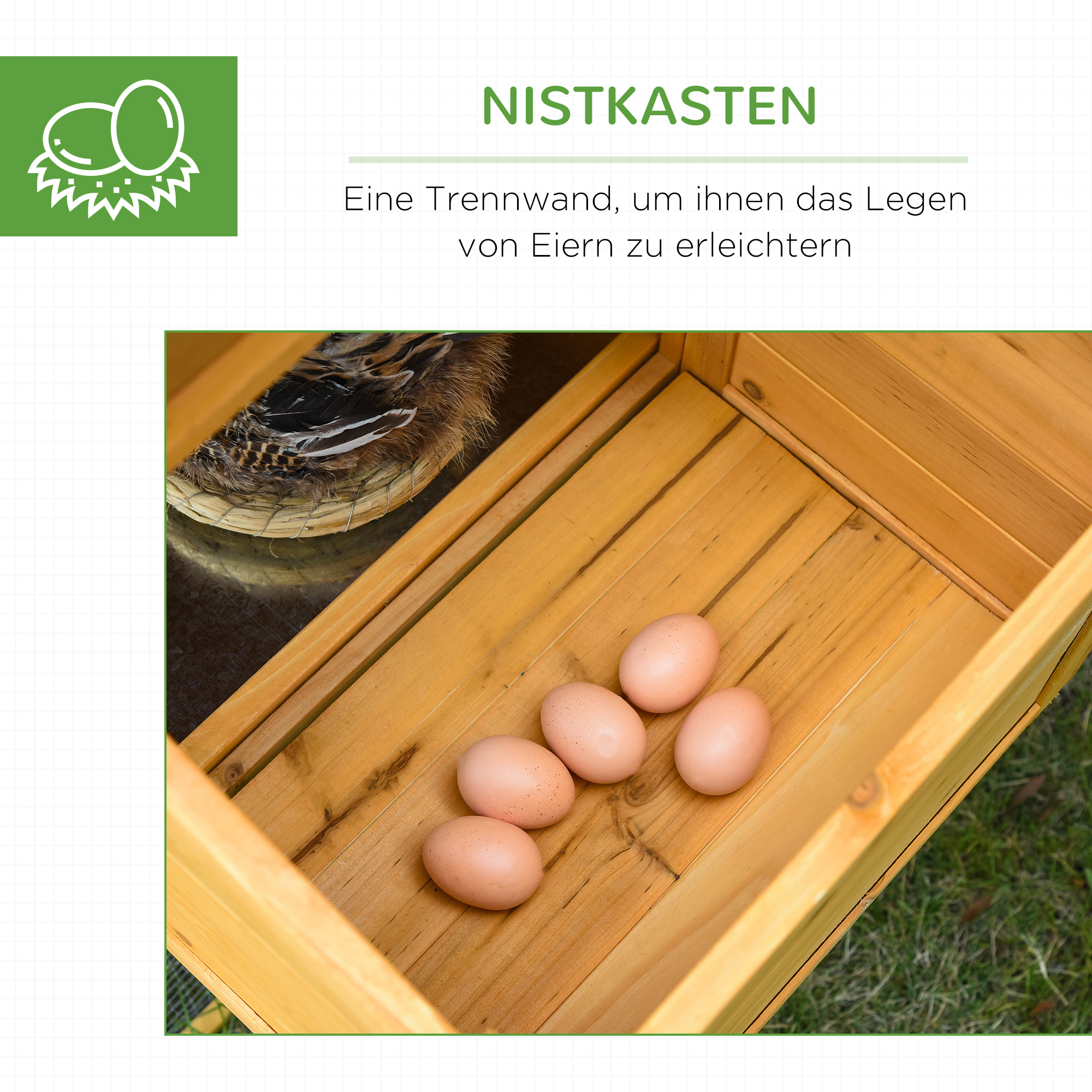 Zwerghühnerstall mit Freilauf und Brutkasten Wetterbeständig versiegeltes Tannenholz, Asphaltdach Natur + Grün