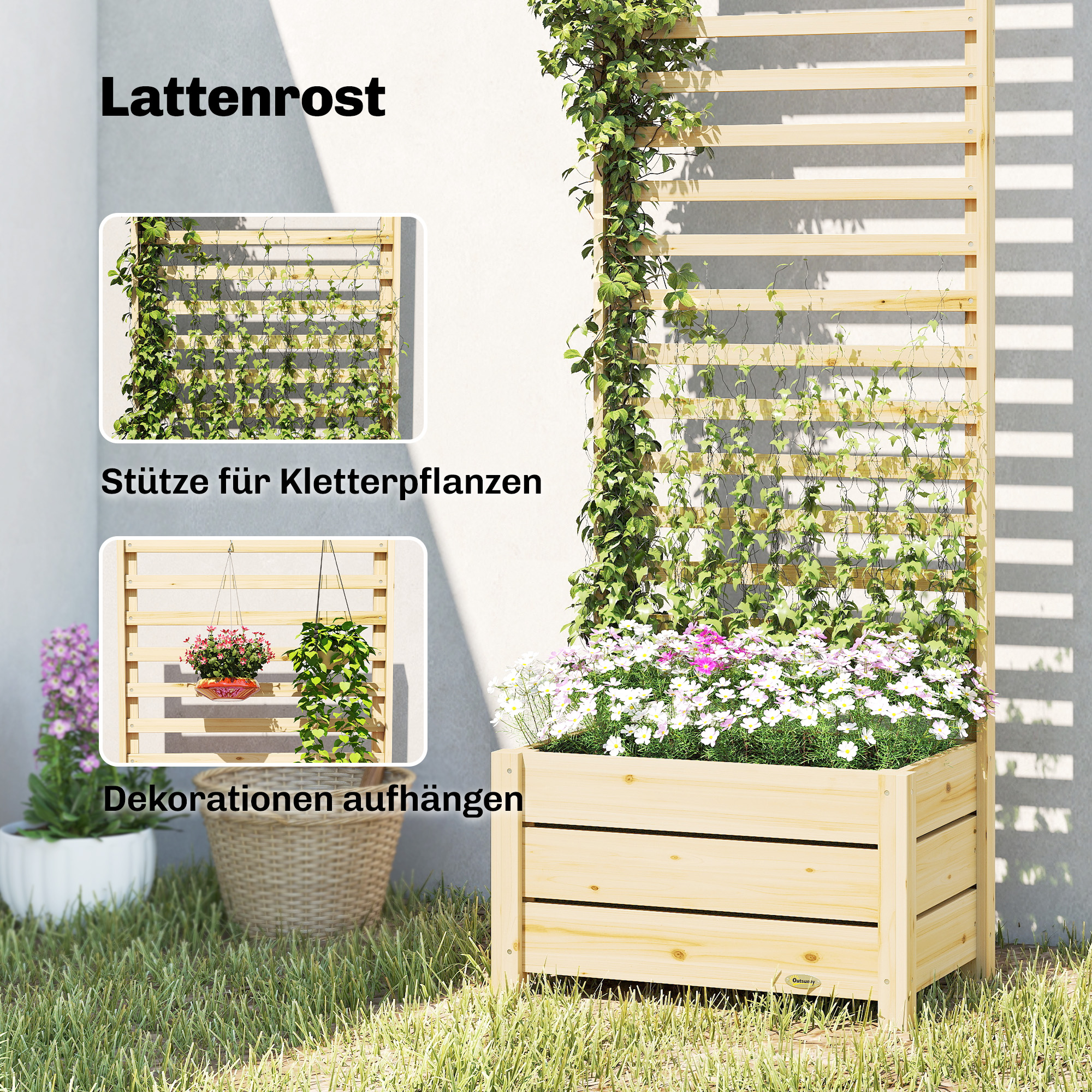 Hochbeet mit Rankgitter Holz erhöhter Blumenkasten mit Spalier Abflussloch Vliesstoff 60 x 39 x 200 cm Naturholz