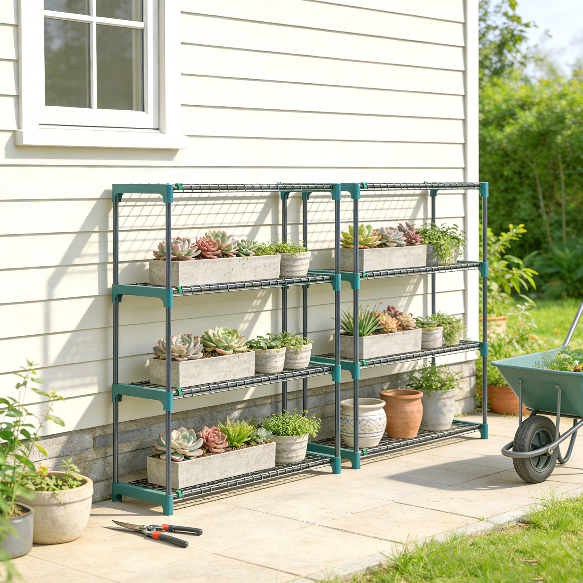 2er-Set Pflanzenständer, 4-Etagen 104 cm hoch Blumenständer für Innen Außen Stahl Dunkelgrün