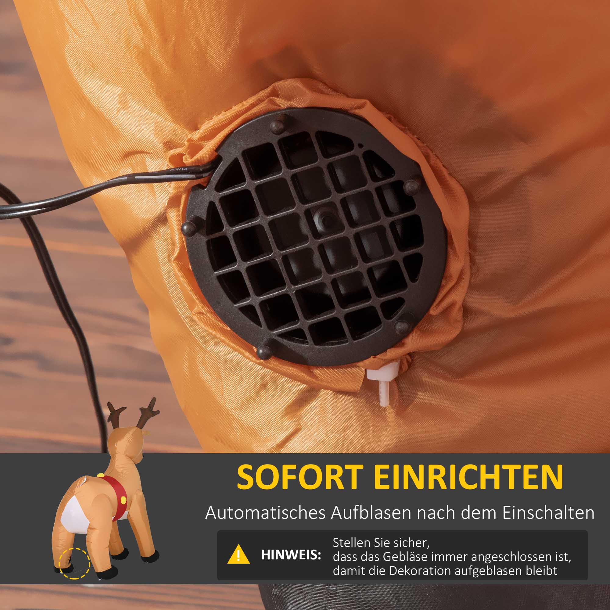 Aufblasbares Rentier, 1,8 m, LED-Lichter, Zubehör, automatisches Aufblasen, Gelb