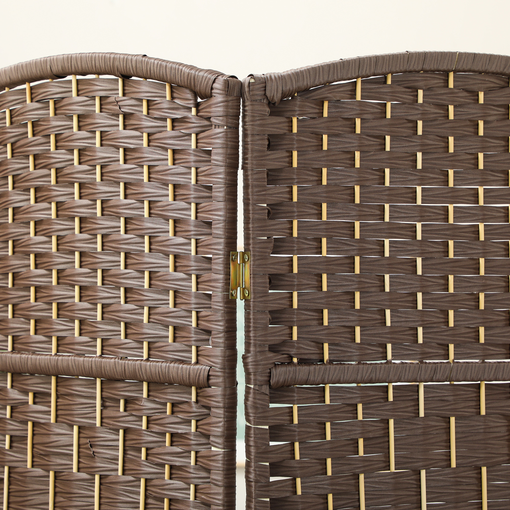 Raumteiler, 3-teilig faltbare Trennwand, Geflechtmuster, Kiefernholz, Braun