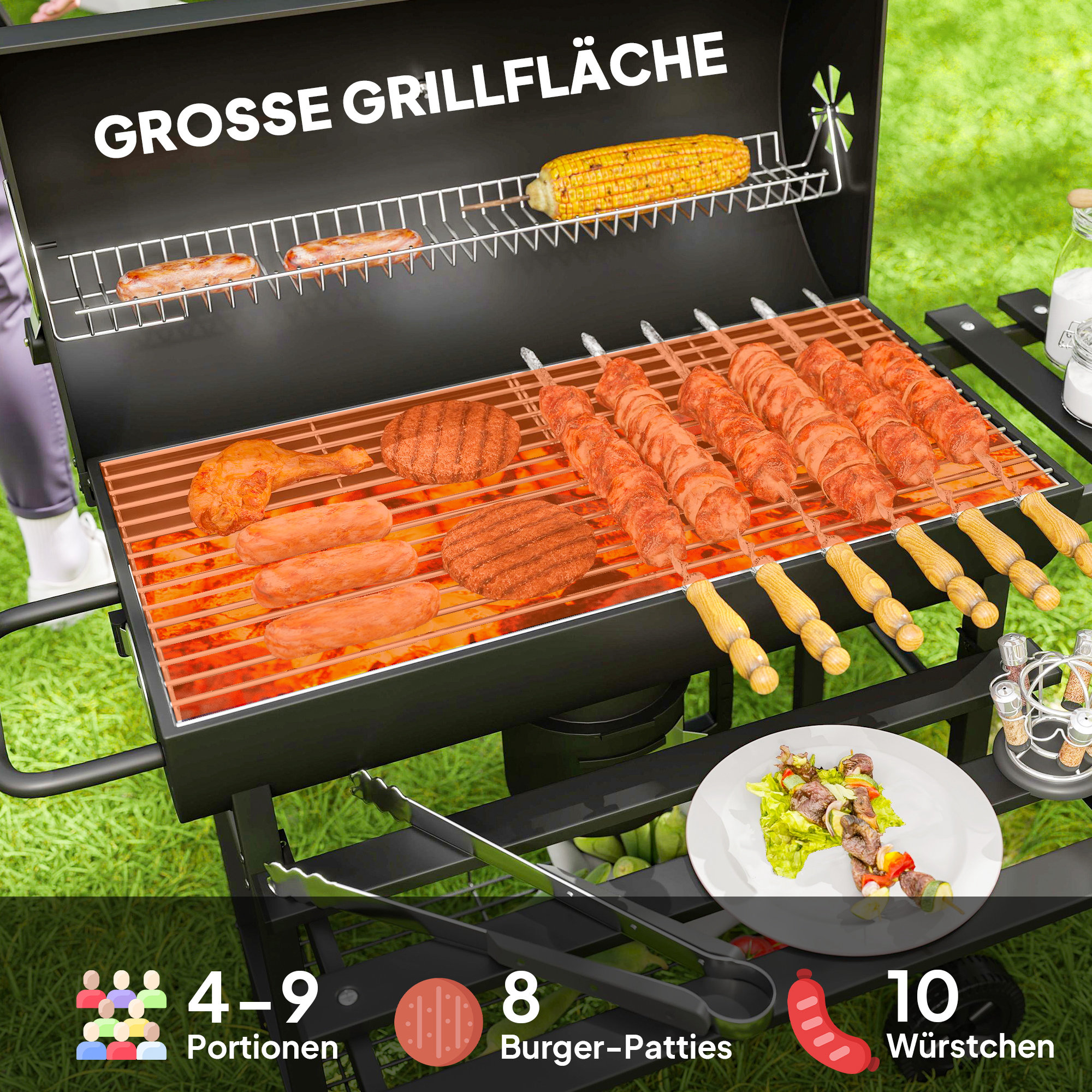 Holzkohlegrill aus Stahl BBQ Smoker mit Deckel Griffe Thermometer Räder fahrbar 114 x 65 x 95 cm