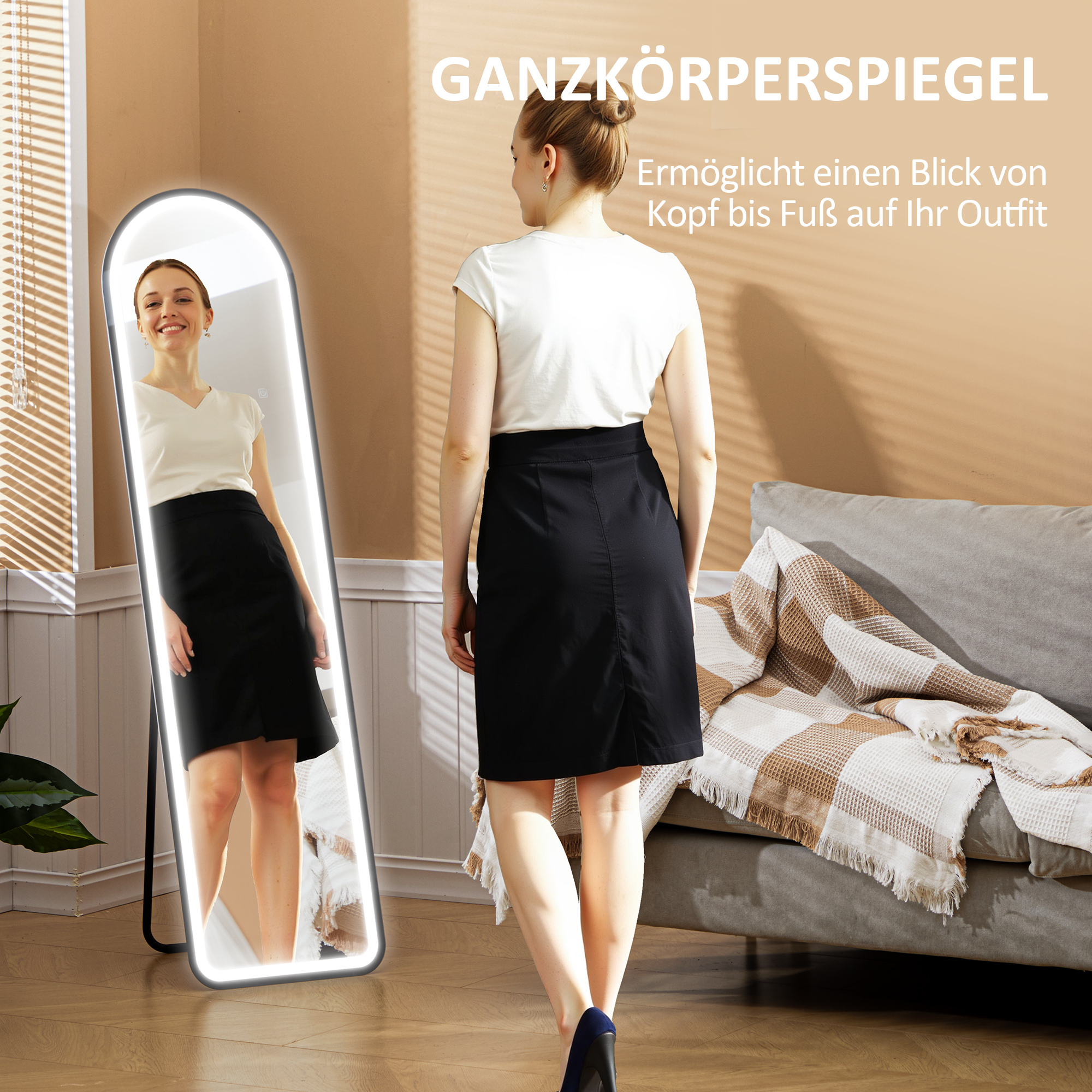 Ganzkörperspiegel, 150 x 40 cm, Freistehender Spiegel mit dimmbaren LED-Lichtern für Wohnzimmer, Schlafzimmer