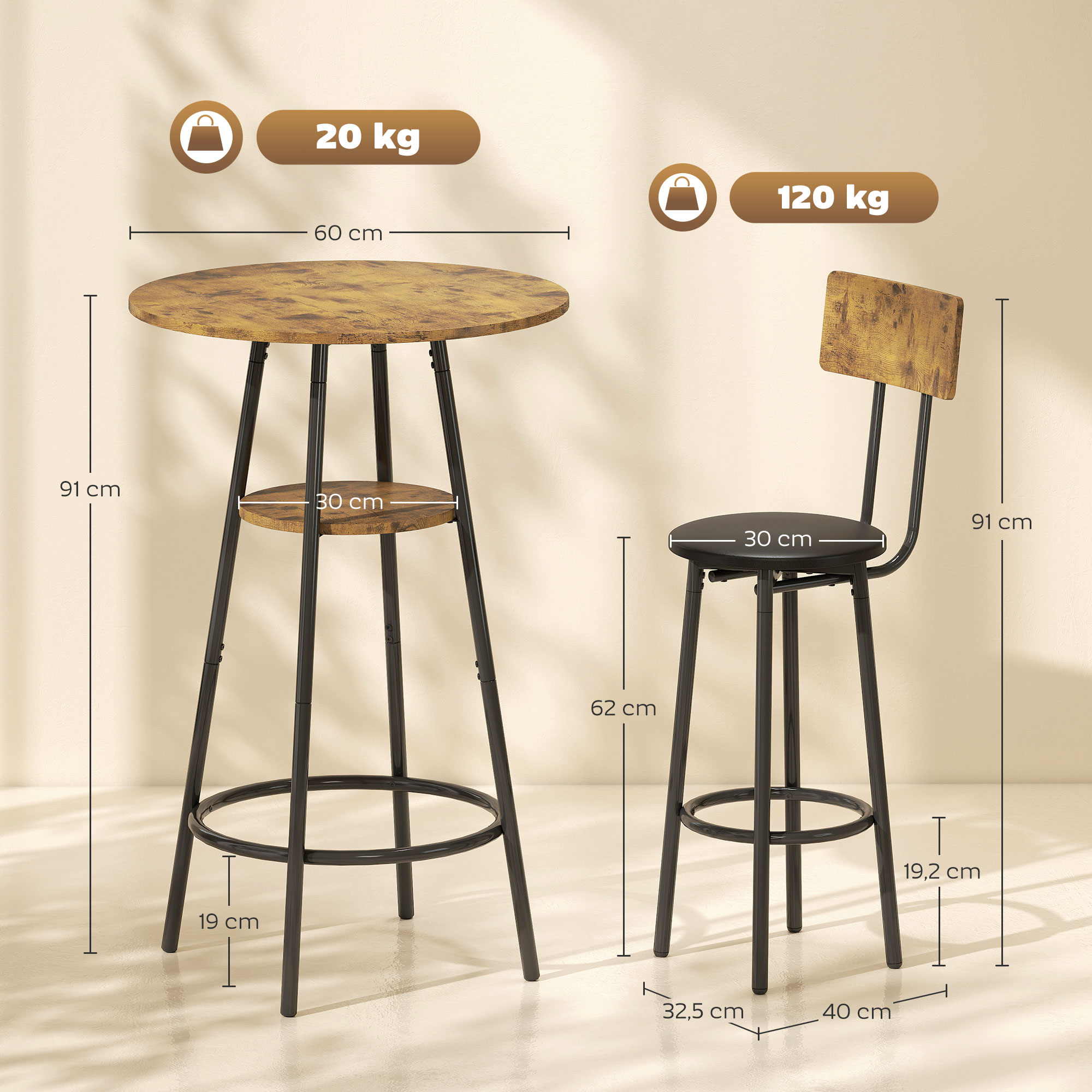 3-teiliges Bartisch-Set mit 2 gepolsterten Hockern, Kunstleder-Bezug, Rückenlehne, Metallgestell, Braun