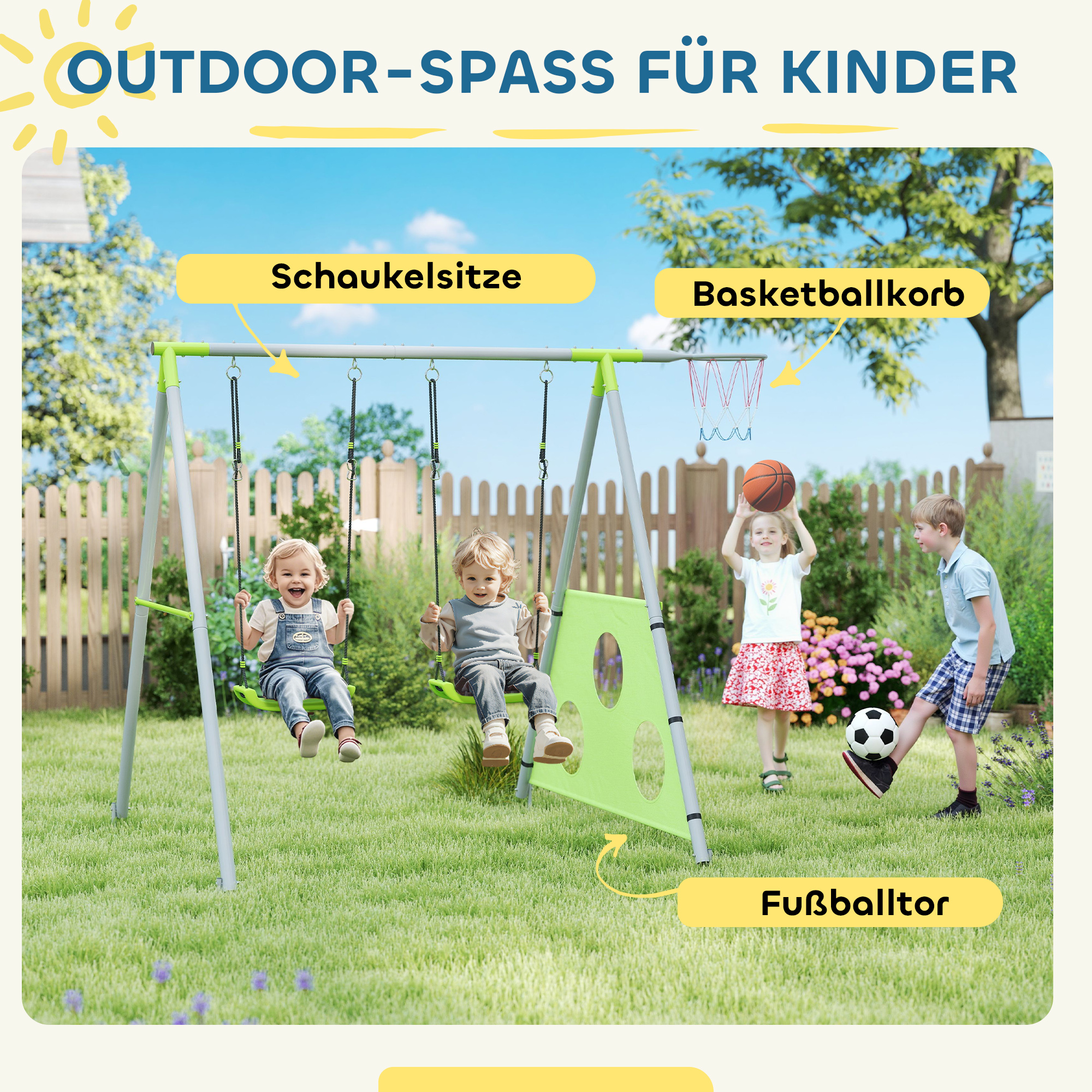 Schaukelset für Kinder, 2 Schaukelsitze, 1 Basketballkorb, 1 Fußballtor, Metallrahmen, Grün