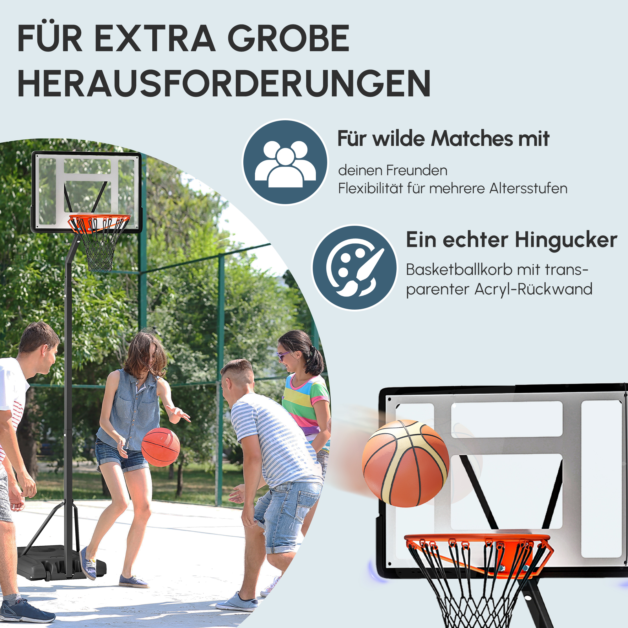 Basketballkorb Outdoor mit Ständer, 255-305cm Höhenverstellbar Basketballständer mit Rollen, Basketball-Backboard Ständer, Basketballanlage, Stahl