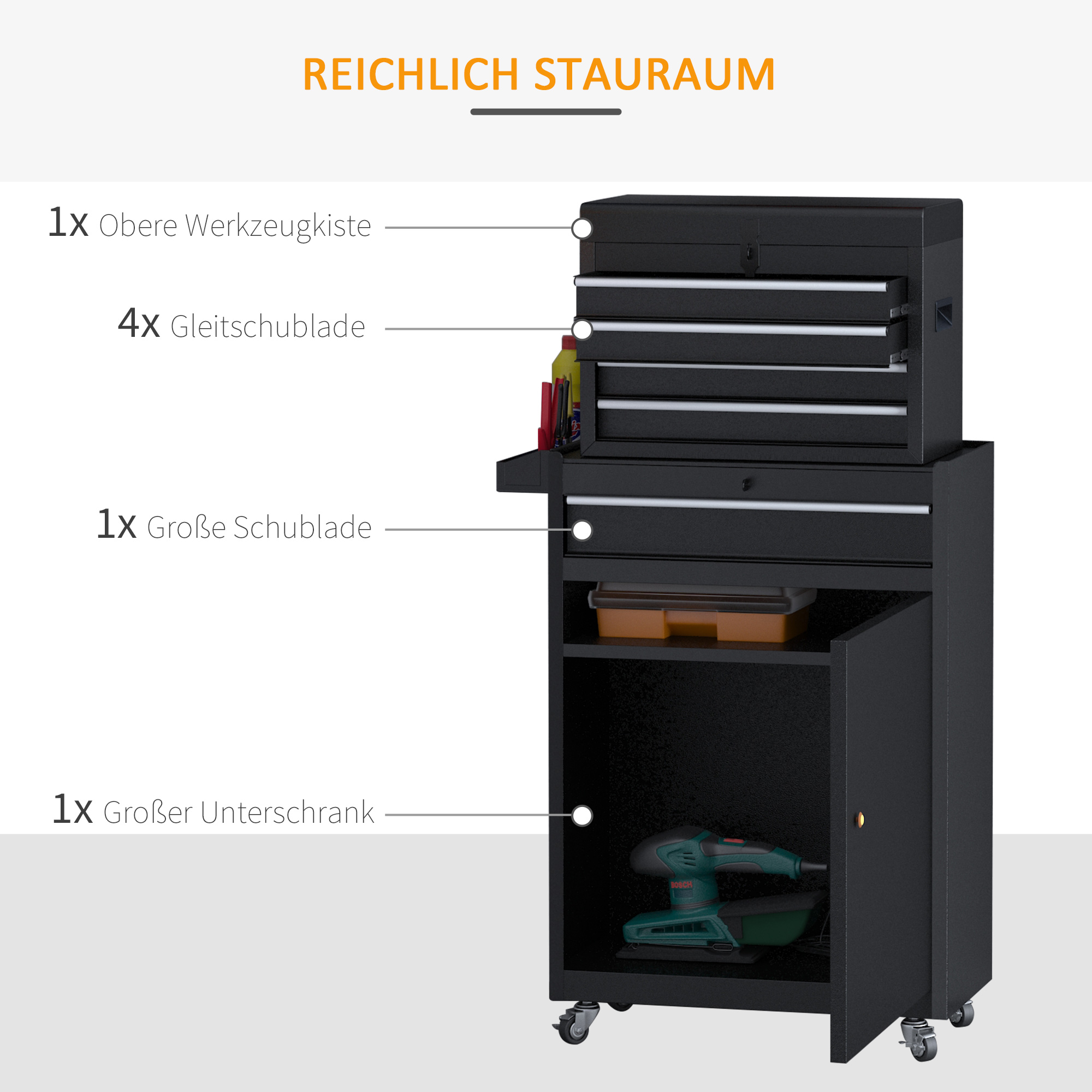 Werkstattwagen Werkzeugschrank Werkzeugkasten mit 5 Schubladen 360°-Rollen Metall 60 x 28 x 104,5 cm