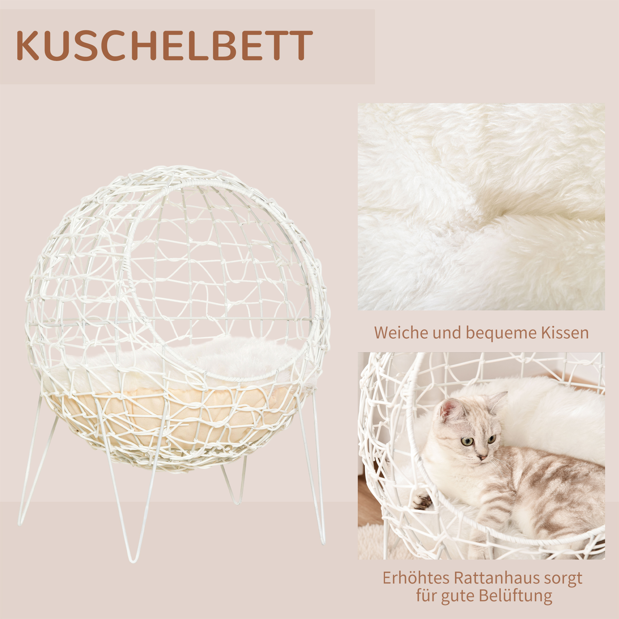 Rattan Katzenkorb Katzenhöhle Katzenhütte Katzenbett mit Kissen erhöhtes Design Haustierbett Cremeweiß Ø45 x 57H cm