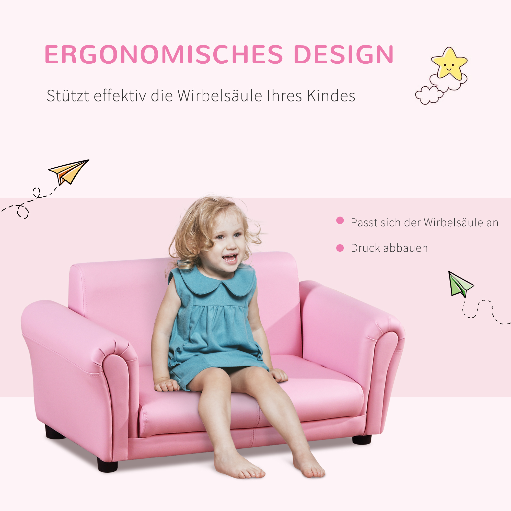 Kindersessel mit Fußhocker, Kindercouch mit Hocker, Kindersofa, Sofa Sessel, Rosa 83 x 42 x 41 cm