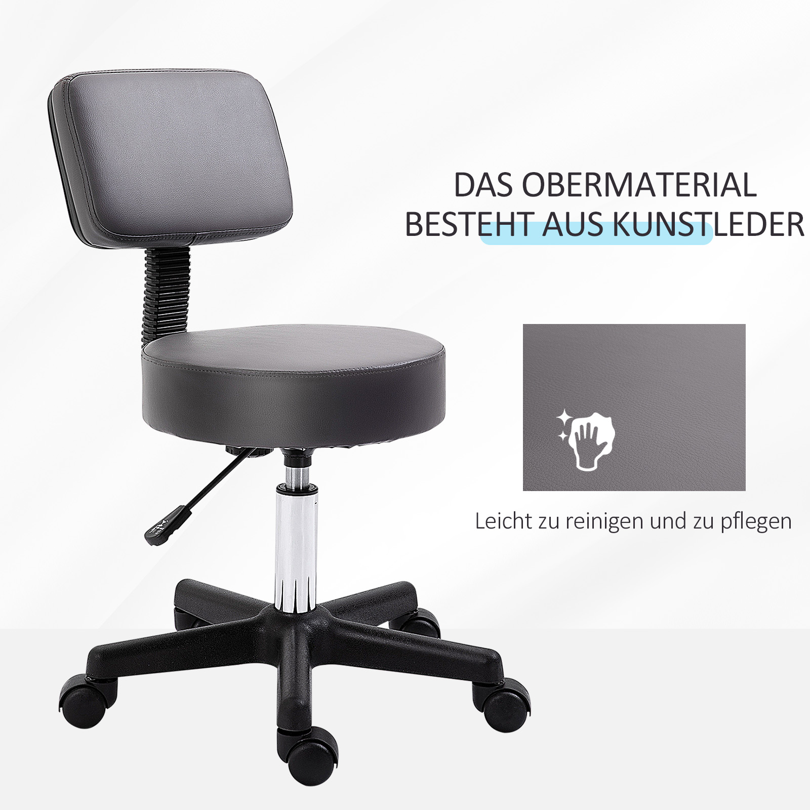 Salonhocker, höhenverstellbar, ergonomisch, 360° drehbar, 5 Rollen, synthetischer Bezug, Grau