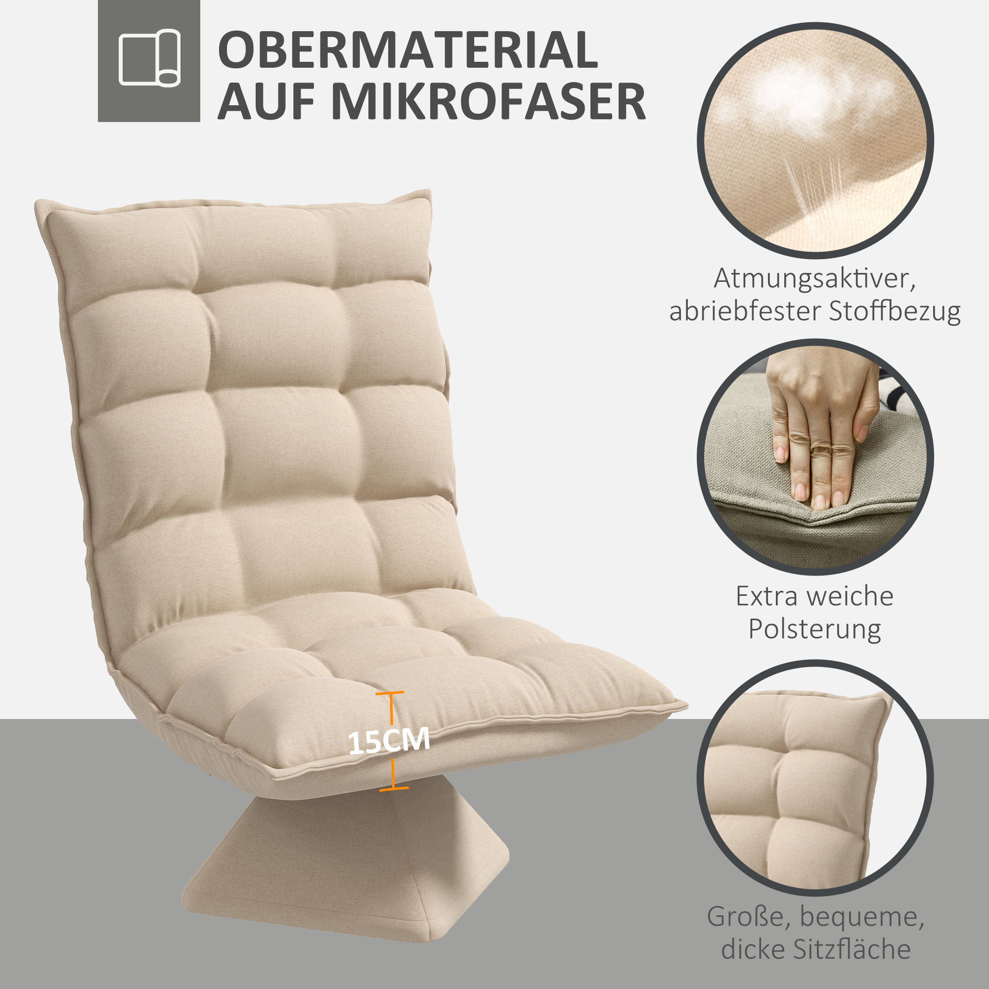 Relaxsessel Lesesessel, drehbar, Leinenoptik, 62 cm x 70 cm x 95 cm, Beige