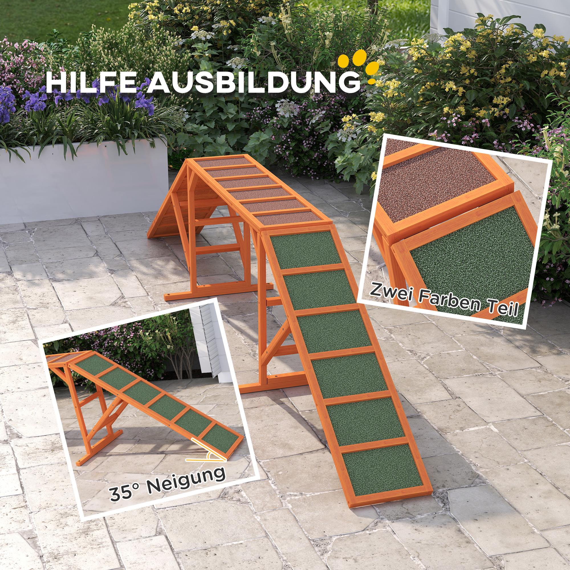 Agility Hunderampe, Parcours, rutschfest, wetterfest, Holz, 335 x 55 x 60 cm, Orange