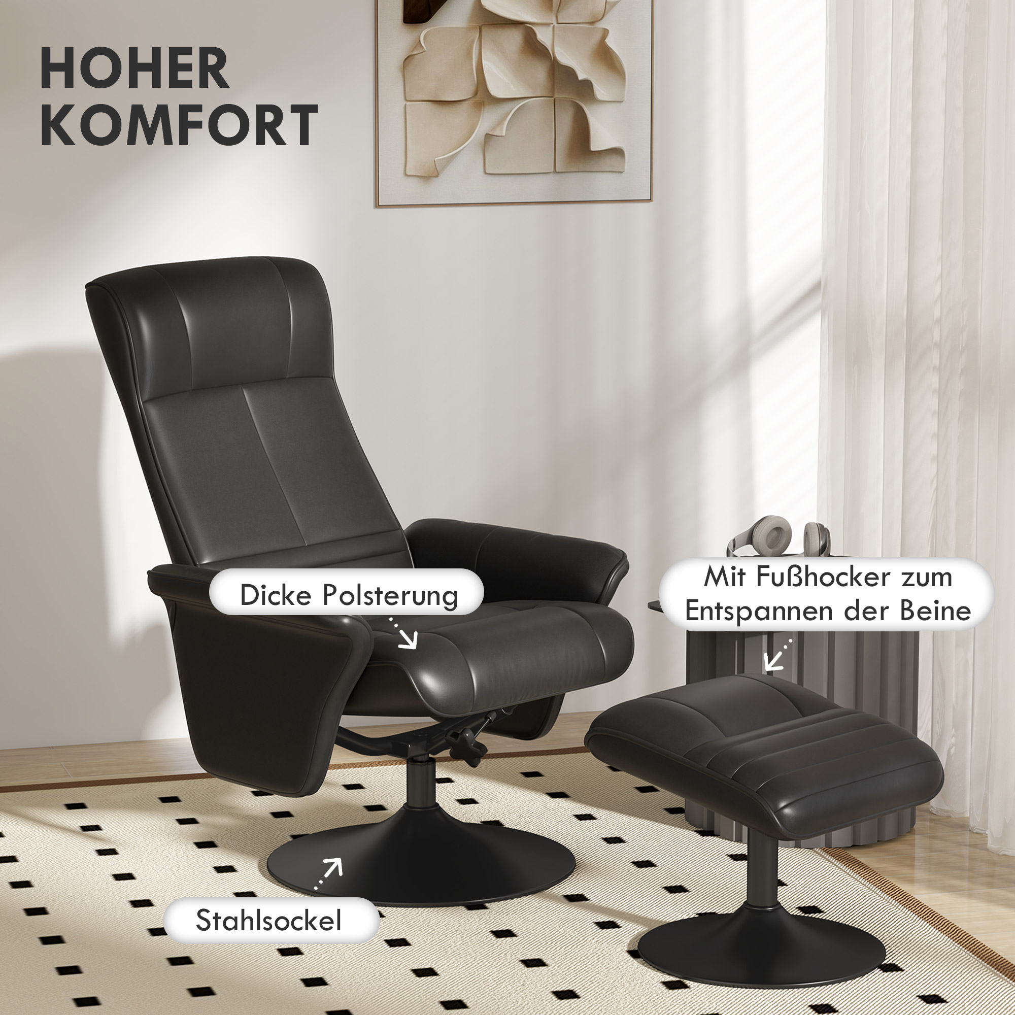Polstersessel, Akzentsessel mit Hocker, drehbar, ergonomisch, Mikrofasertuchoptik, bis 150 kg, Schwarz