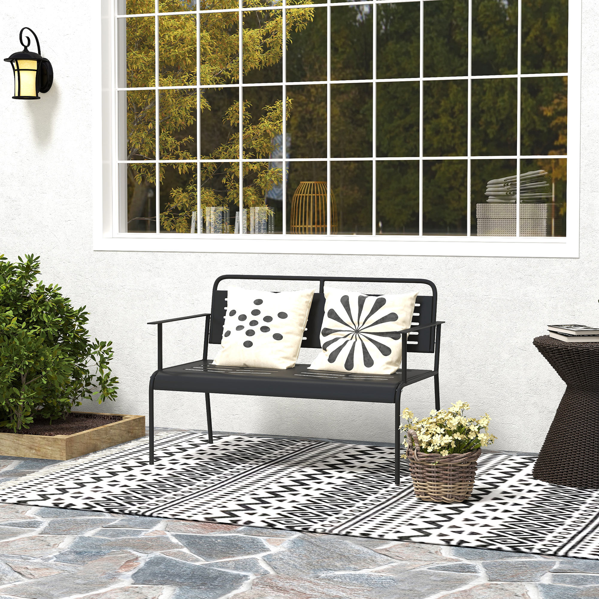 Gartenbank, wetterfest Sitzbank, wasserabweisend Gartenmöbel mit Rücken- & Armlehnen 121 x 64 x 84cm, Schwarz