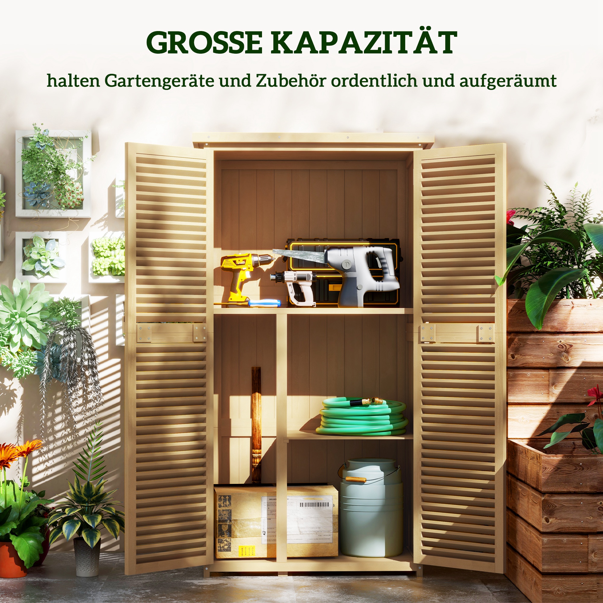 Gartenkommode wetterfest, 2 Türen mit Schloss, Kiefernholz, 87L x 46,5B x 160H cm, Hellgelb