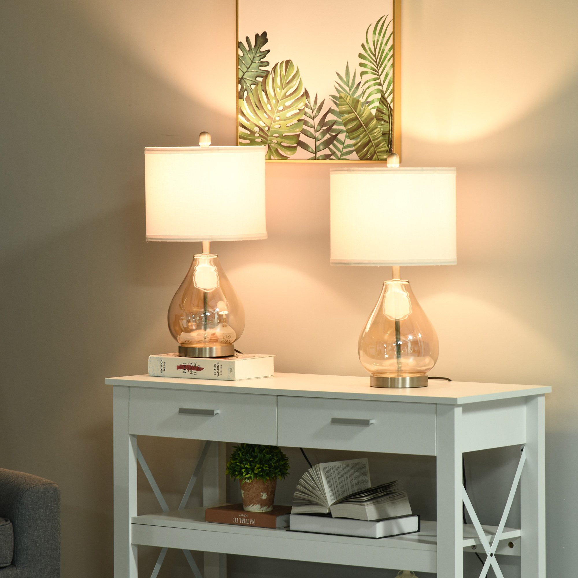 2-Set Tischlampen Tischleuchten E27-Fassung Nachttischlampe 40 W Glas Leinen Metall Bernstein Ø30 x 56H cm