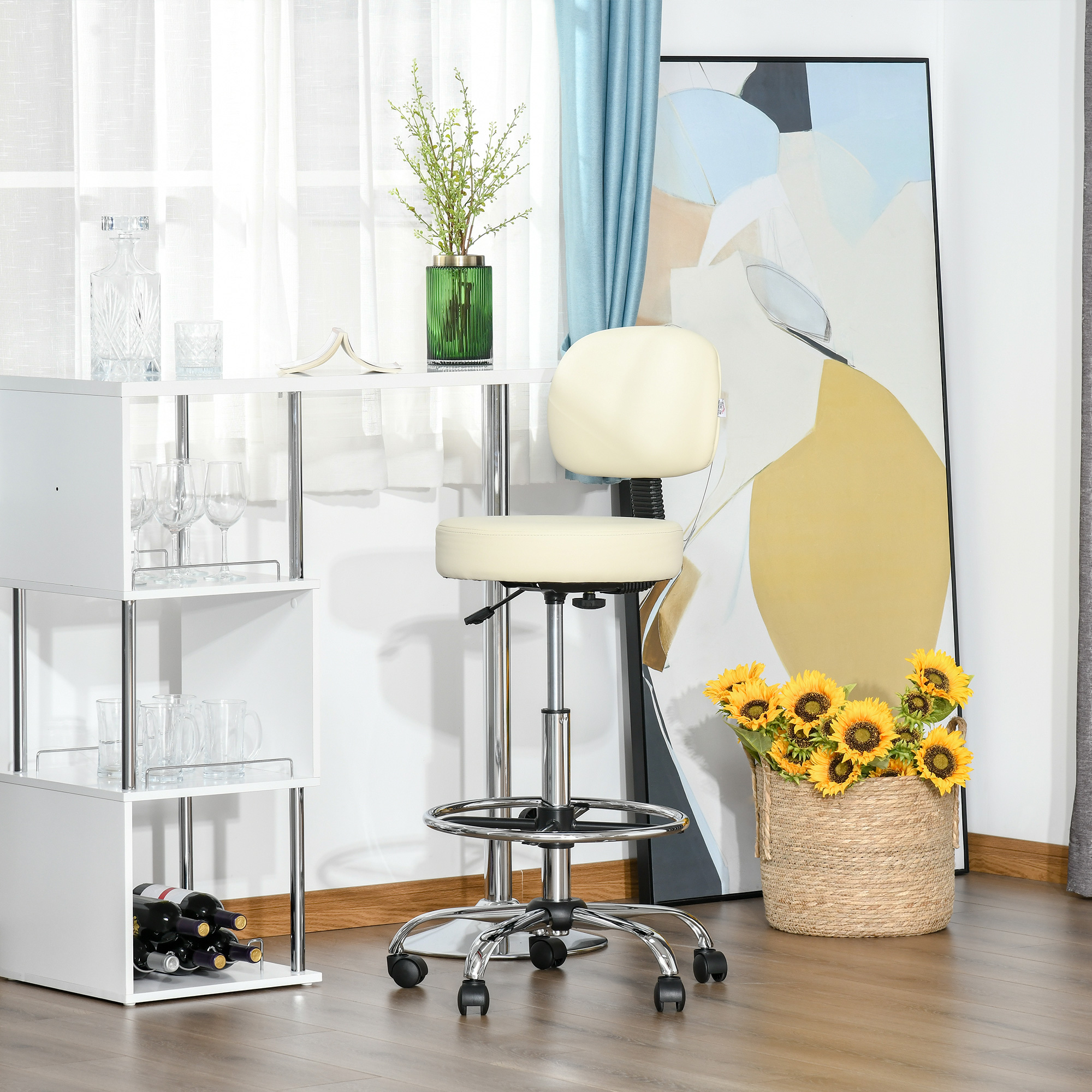 Barhocker Drehstuhl Höheverstellbarer Barstuhl mit Rollen aus Kunstleder-Leder Arbeitshocker Bürohocker 360° schwenkbar mit Lehne Gepolstertet Beige 56 x 57 x 104-127 cm