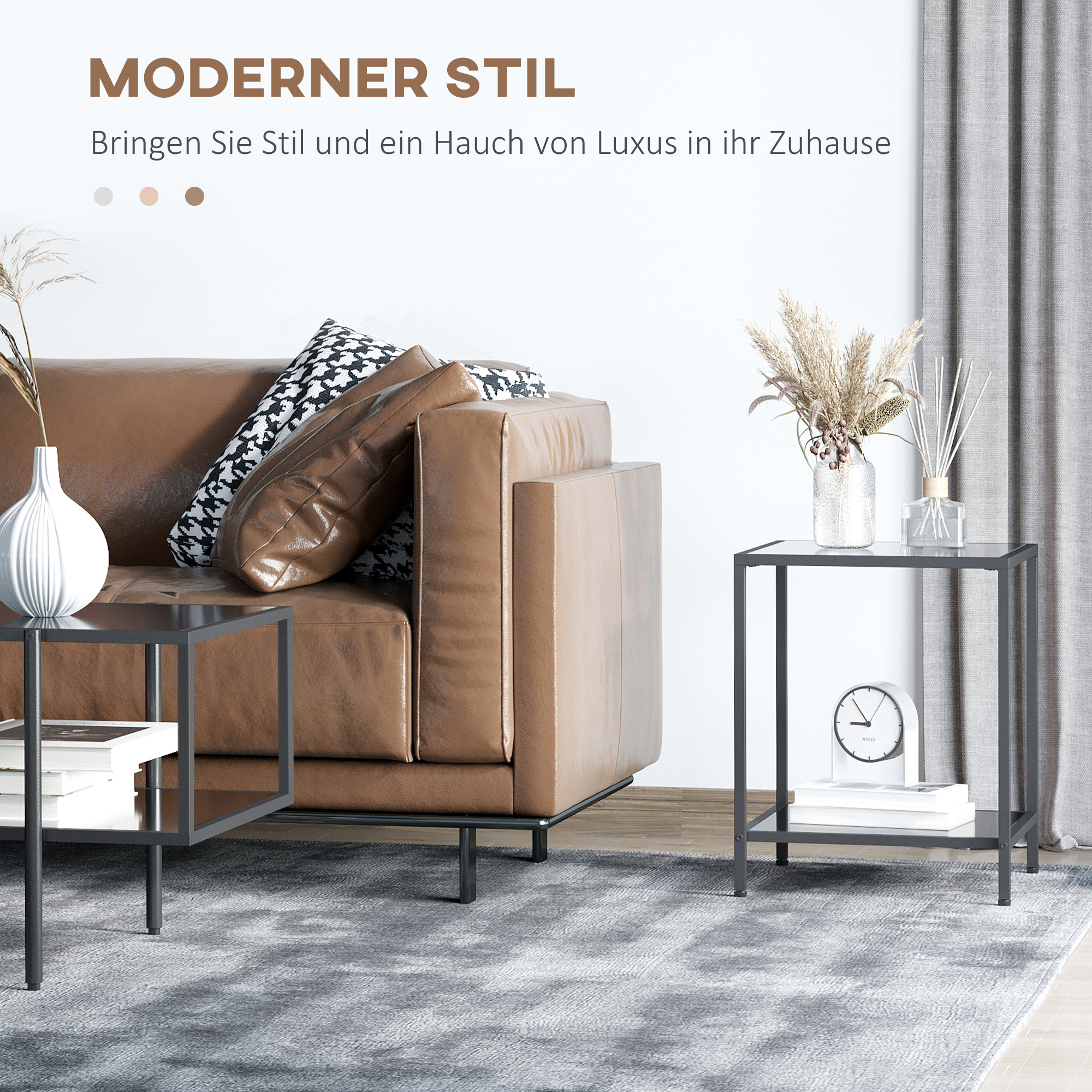 Beistelltisch mit gehärteten Glasplatten, 2 Ebenen, klassisches Design mit Metallstruktur, Schwarz