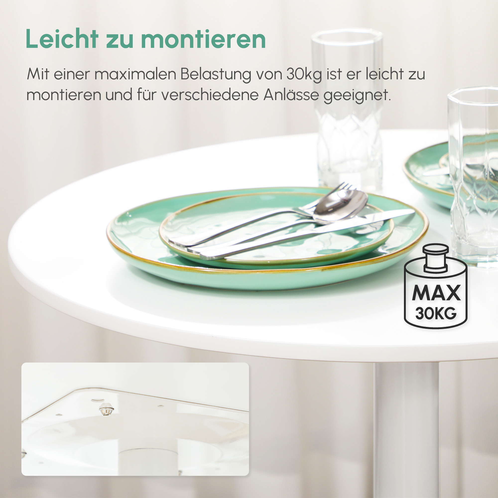 Esstisch für 2 Personen, runde Tischplatte, Stahlfuß, weiß, 70 x 70 x 75 cm