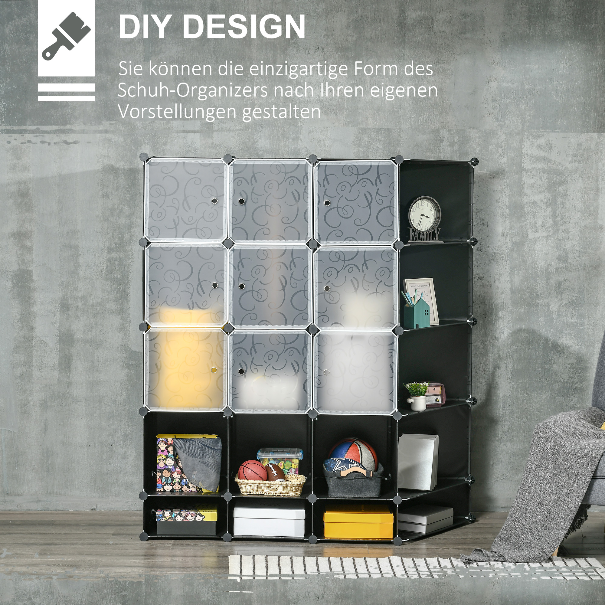 Modularer Aufbewahrungsschrank, Kleiderschrank, 16 Fächer, Kunststoff, Stahl