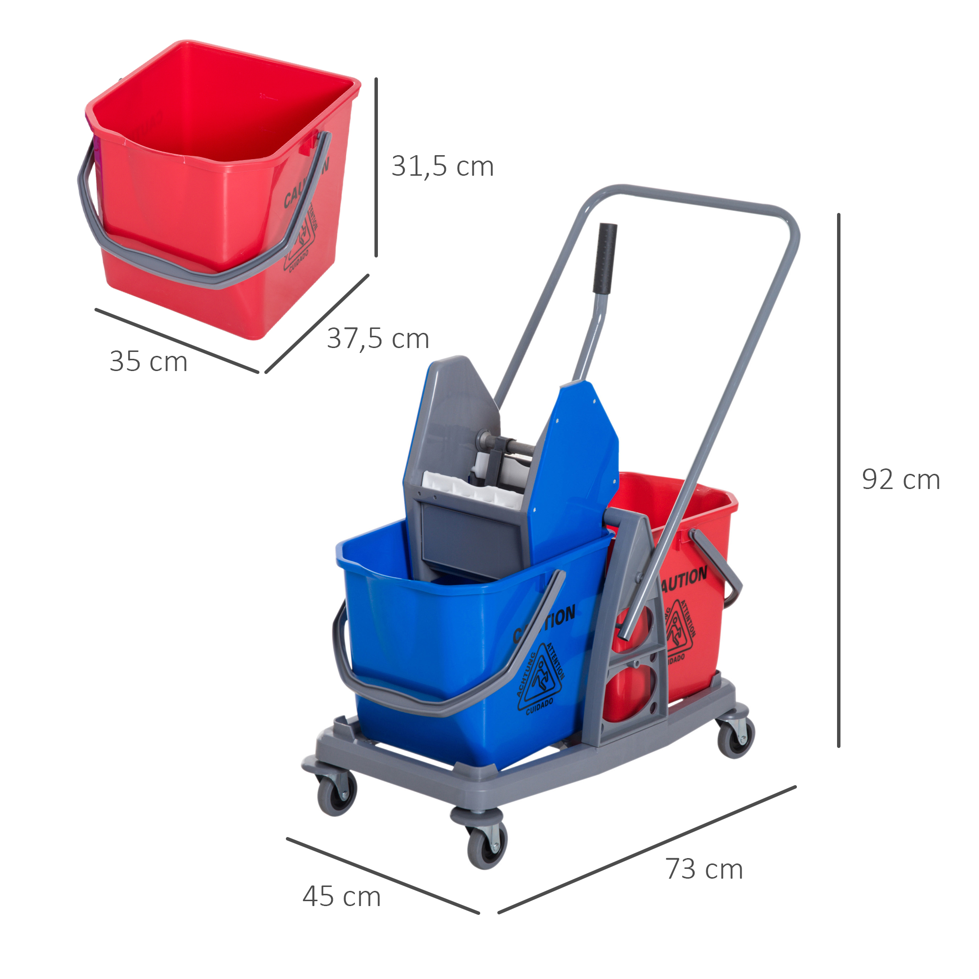 Putzwagen Reinigungswagen Wischwagen mit 2 Eimern Systemwagen mit 4 leichtgängigen Rollen Metall+PP Blau+Rot 73 × 45 × 92 cm