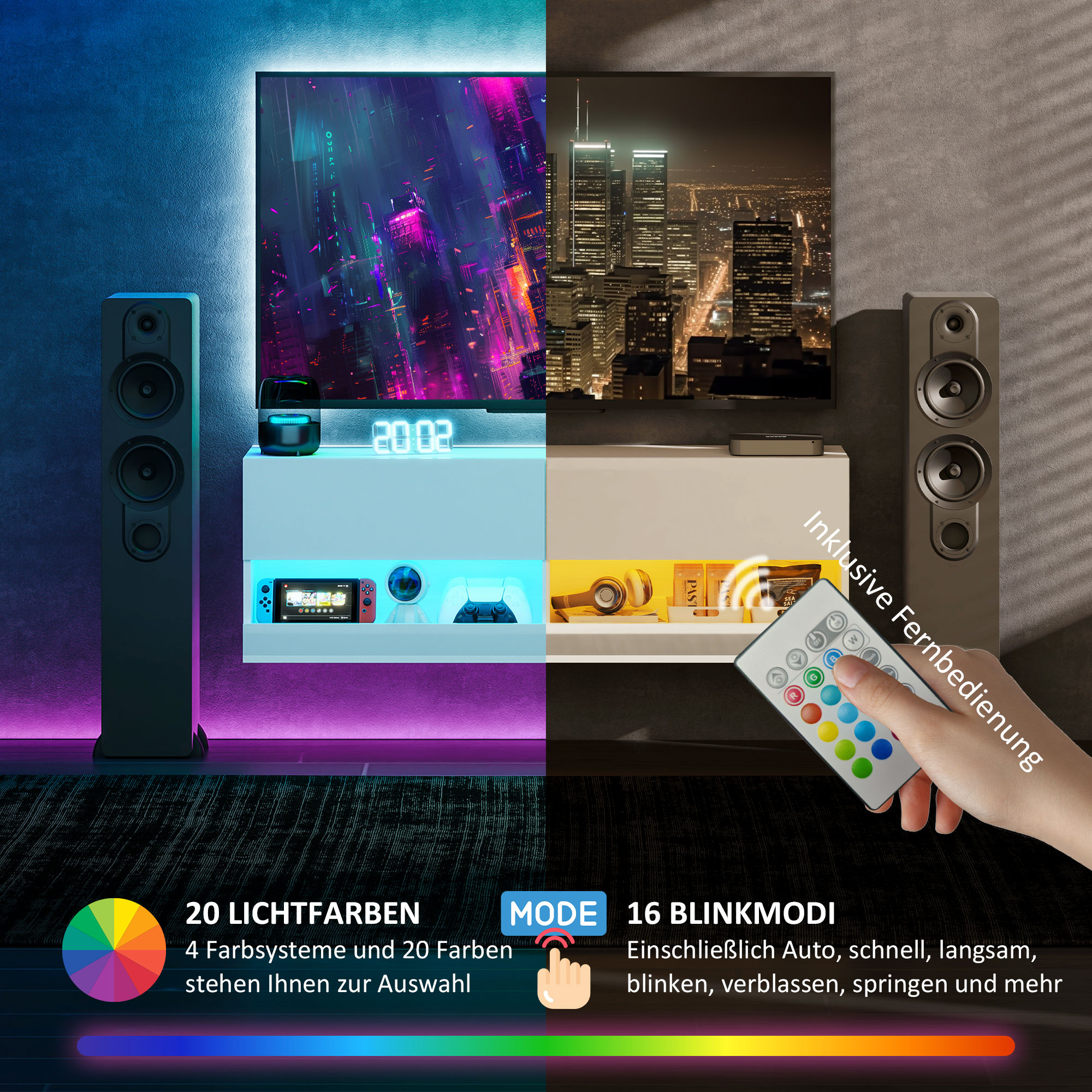 TV-Hängeschrank mit LED-Beleuchtung, 16 Blinkmodi, Wandmontierter TV-Schrank, Offene Regale, 120 x 35 x 40,5 cm, Weiß