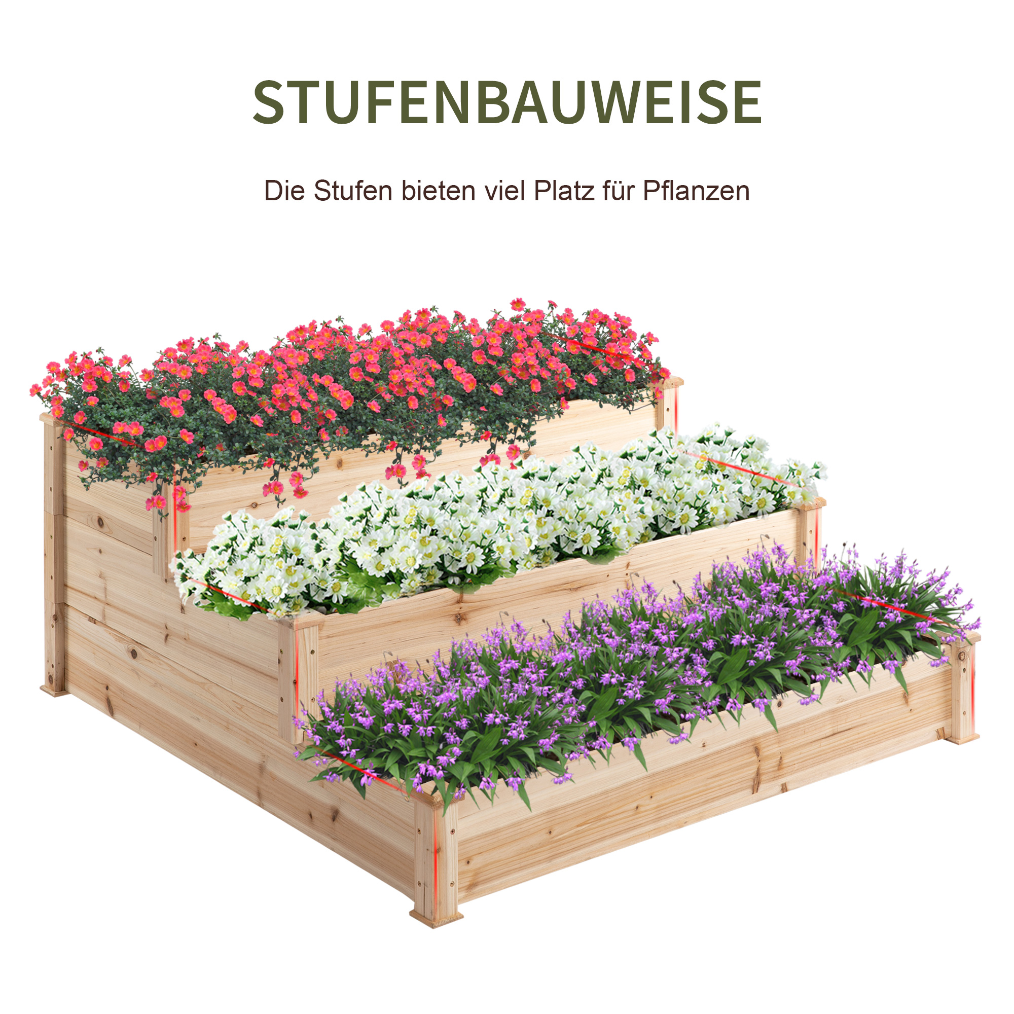 Hochbeet 3-stufige Gartenbeet Pflanzenbeet  Kräuterbeet Blumentreppe für Balkon Garten Natur Tannenholz 120 x 120 x 56 cm