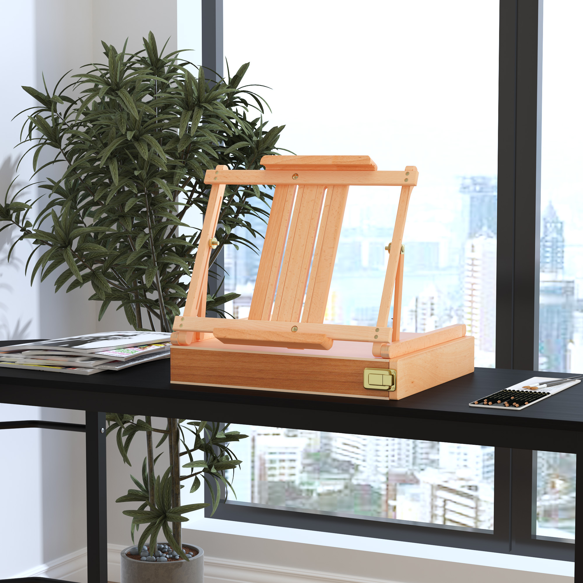 Staffelei Keilrahmen Kofferstaffelei Atelierstaffelei Winkelverstellbar Faltbar mit Schublade Buchenholz Natur 42 x 36 x 12,5 cm
