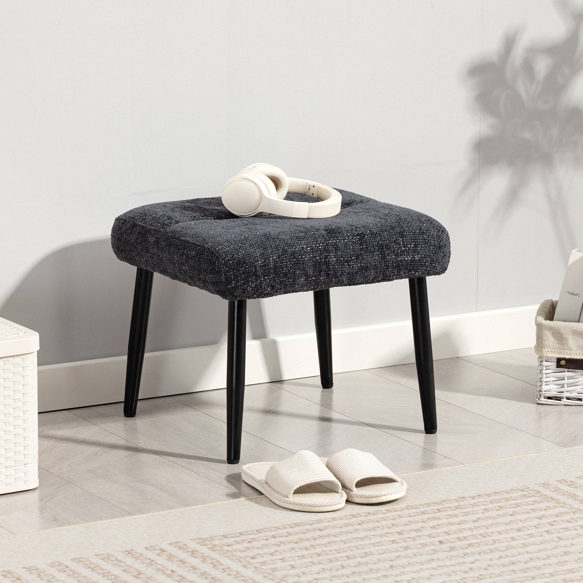 Sitzhocker Hocker mit weichem Sitzkissen Stahlbeinen Fußhocker mit Chenille-Stoff, 45 x 41 x 38 cm, Dunkelgrau