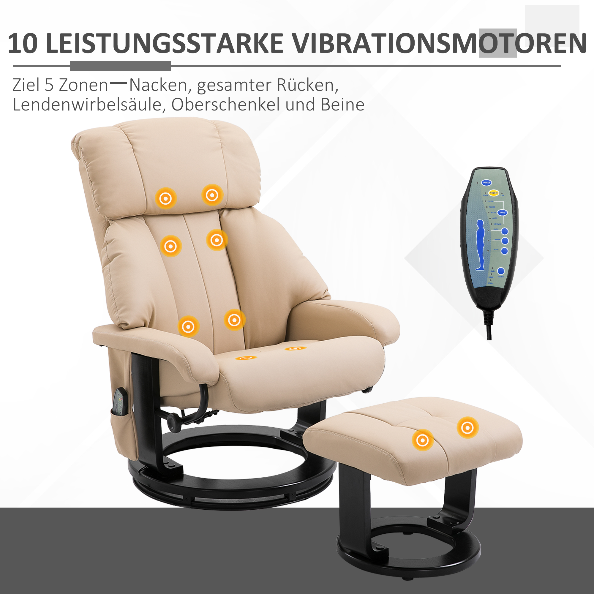 Relaxsessel mit Hocker, drehbarer Fernsehsessel mit Massagefunktion, Liegefunktion, Massagesessel mit Fernbedienung, Seitentasche, Ruhesessel aus Kunstleder für Wohnzimmer Cremeweiß
