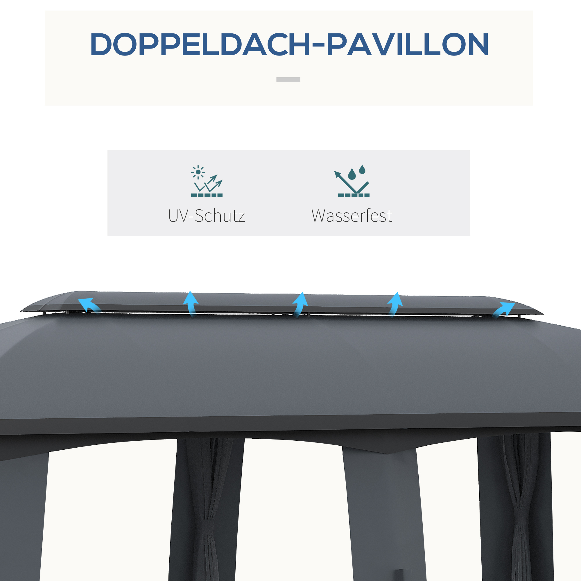 Pavillon, Partyzelt, mit Fliegennetzen, Winddach, bis 15 Personen, dunkelgrau, 3 x 6 x 3 m