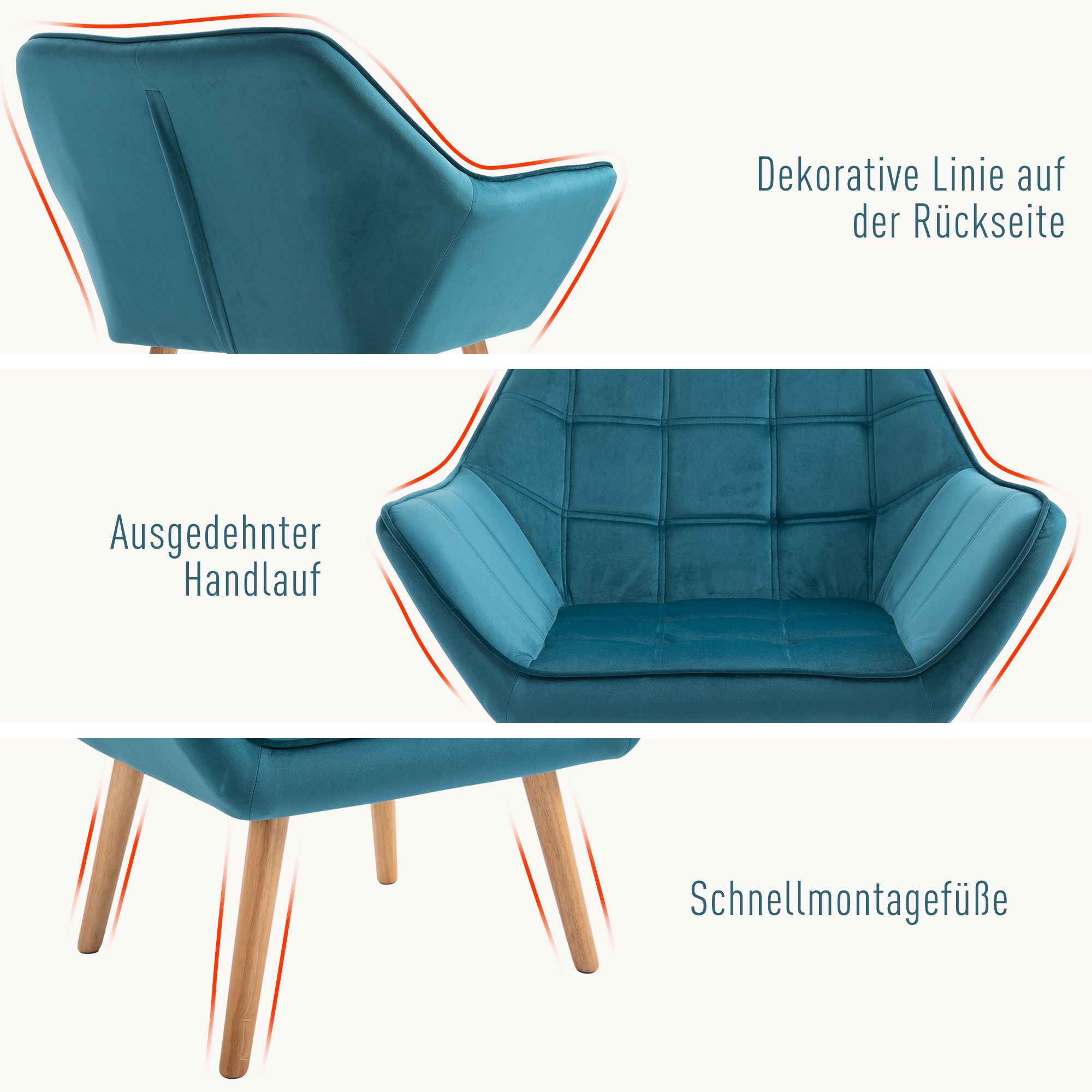 Sessel Wohnzimmer Ohrensessel Loungesessel Relaxsessel mit Gummiholzbeine, Lesesessel mit Samtoptik, Polstersessel für Schlafzimmer, skandinavisch, Hellblau