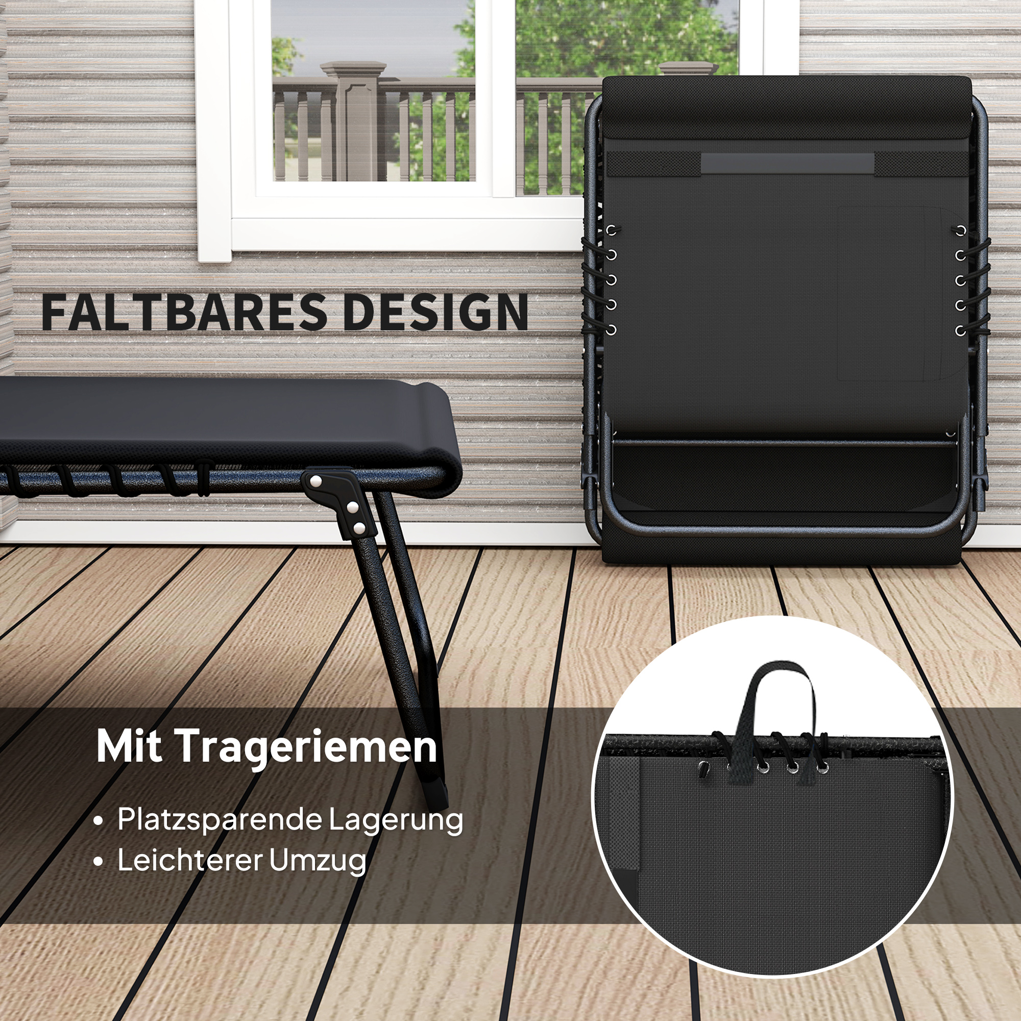 2er Set Sonnenliege klappbar Gartenliege mit Kopfkissen 5-Fach höhenverstellbarer Rückenlehne Seitentasche Schwarz