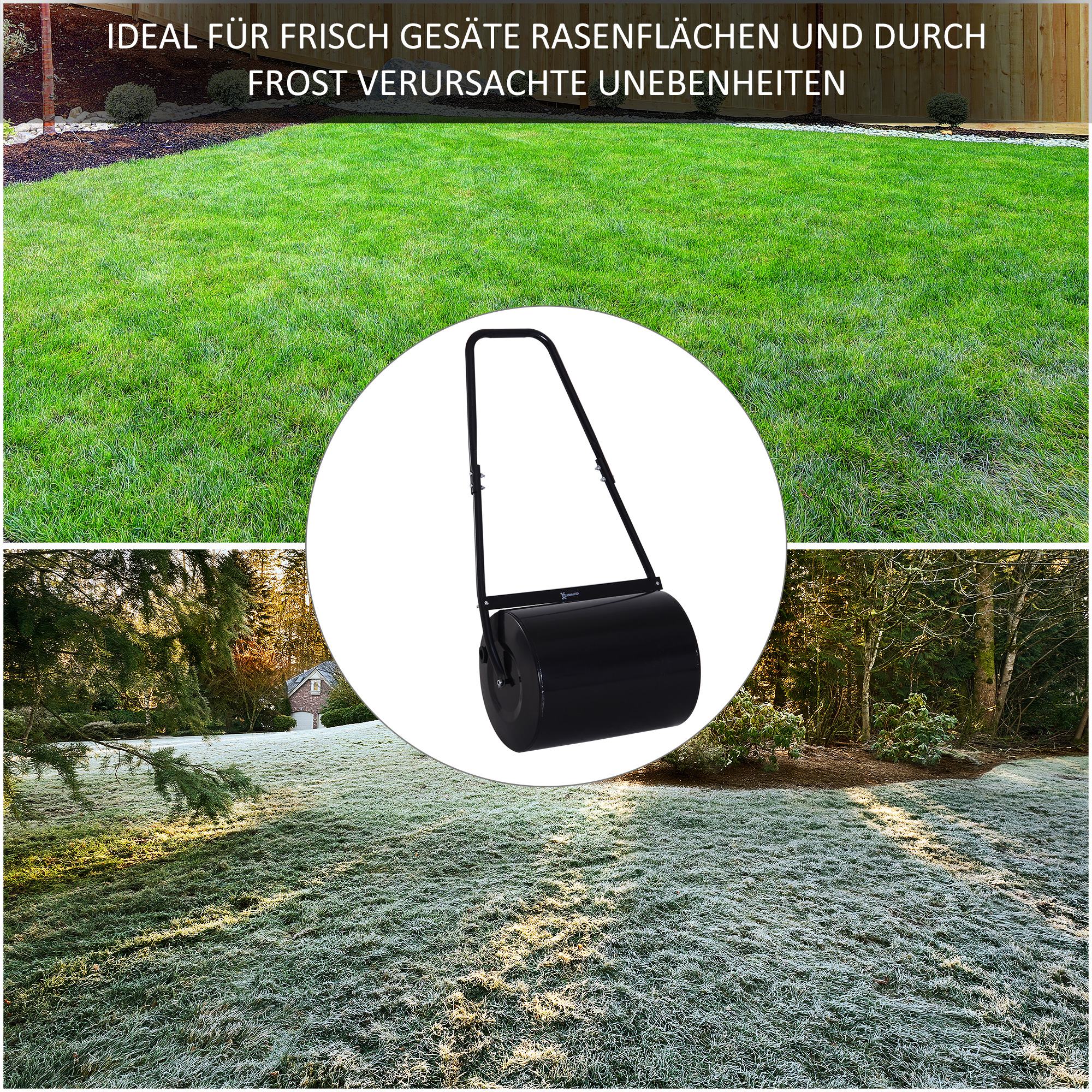 Rasenwalze mit U-Griff, Gartenwalze, Gartenrolle, 40 cm Durchmesser, 60 L Wasser-/Sandfüllung, Metall, Schwarz 57 x 40 x 123 cm