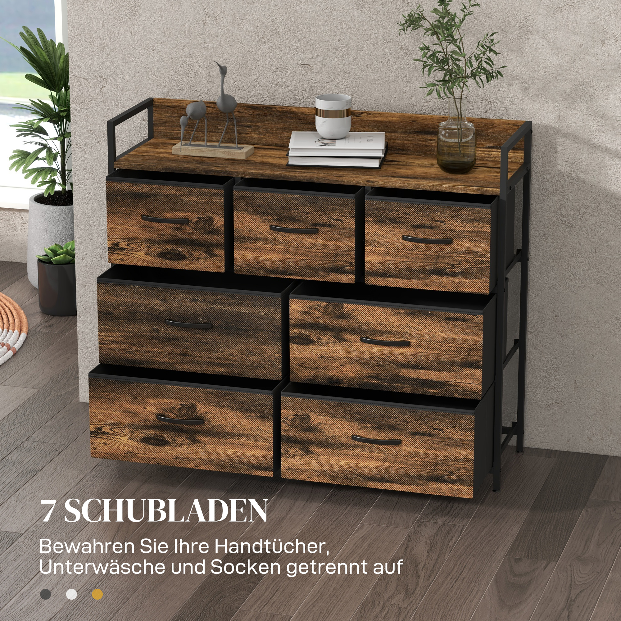 Kommode, Sideboard mit 7 Stoffschubladen, Industrial Design, Stahlrahmen, 98x29x85cm, Braun/Schwarz