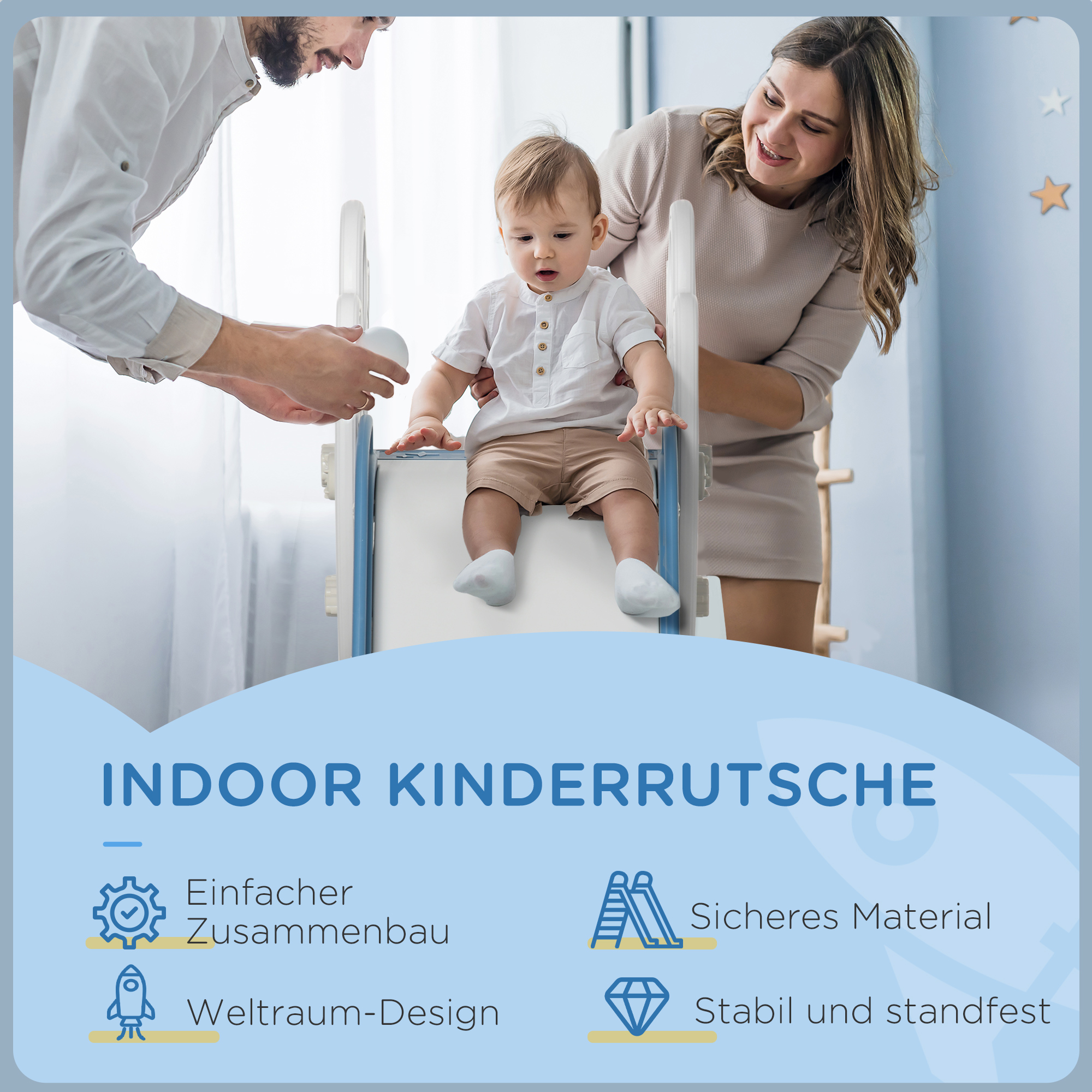 Rutsche für Kinder 1,5 bis 3 Jahre, Raketen-Design, Sticker-Set, blau, 157 x 46,5 x 80 cm