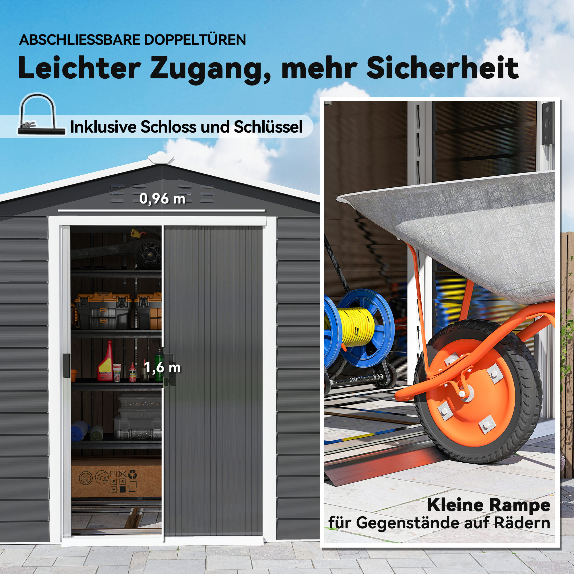 Geräteschuppen, aus Metall, wetterfest & rostfrei, abschließbar,  2,40 x 2,06 x 1,98 m, Dunkelgrau