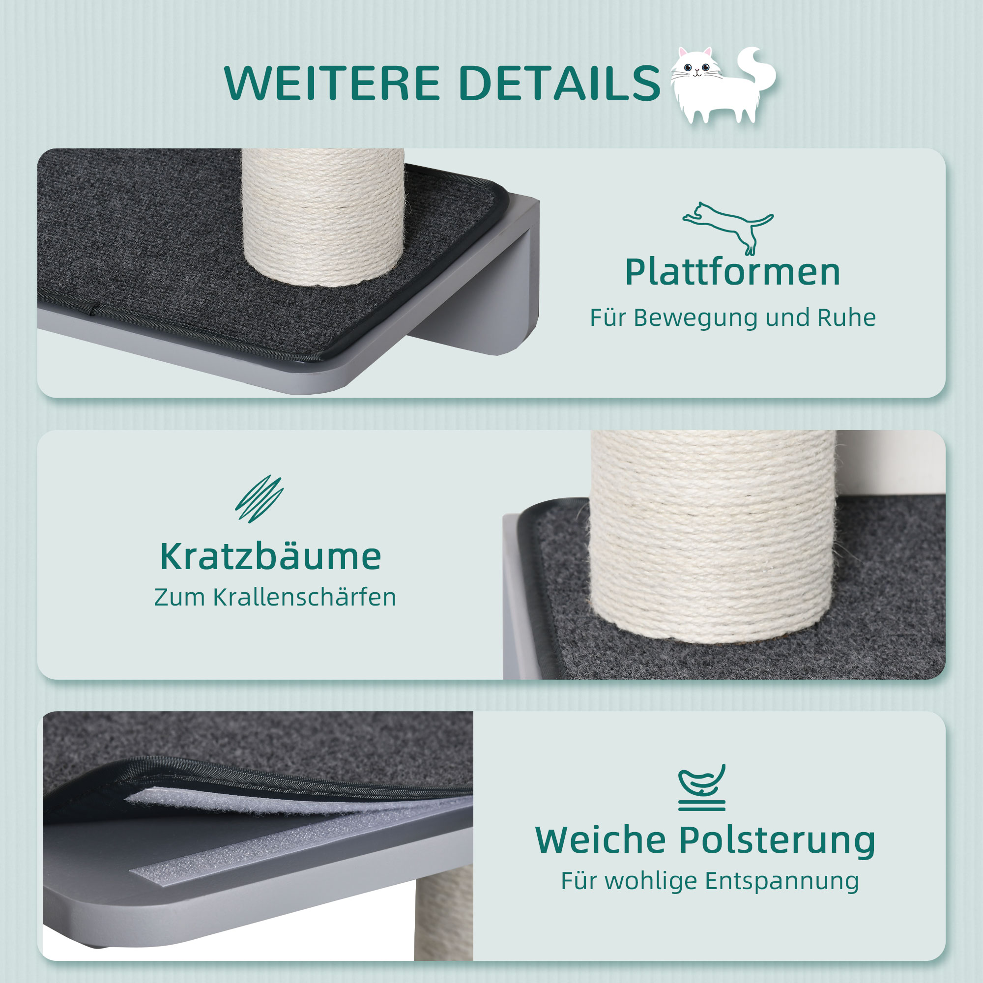 Wandkratzbaum Katzen-Kletterwand Kratzbaum Katzenmöbel für die Wand Kletterspaß für Katzen Wandmontage Holz Hellgrau+Beige 66 x 28 x 137 cm