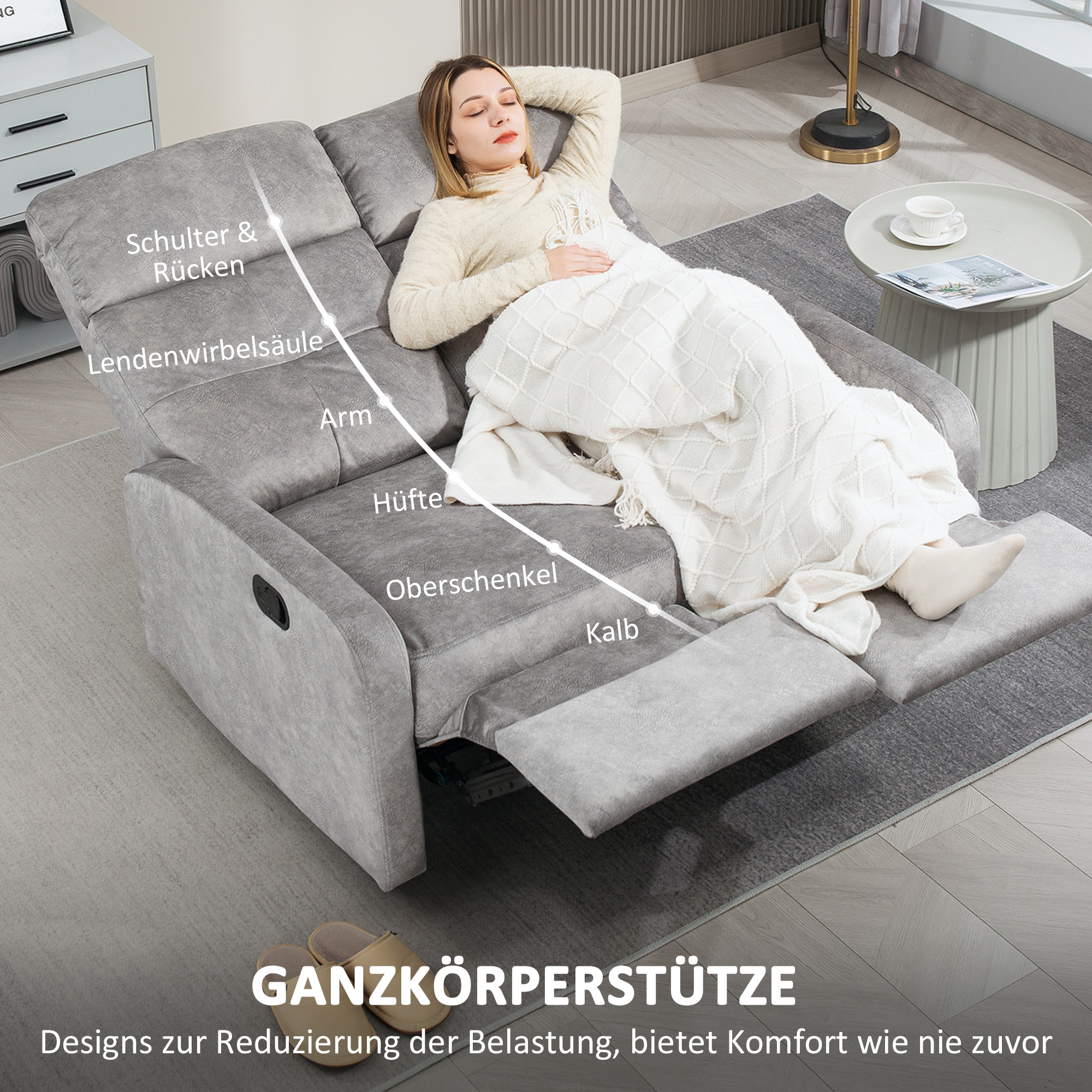 Doppelsitz-Sessel, Relaxsessel mit verstellbarer Doppellehne und Fußablage, für Wohnzimmer, Stoffbezug, Grau