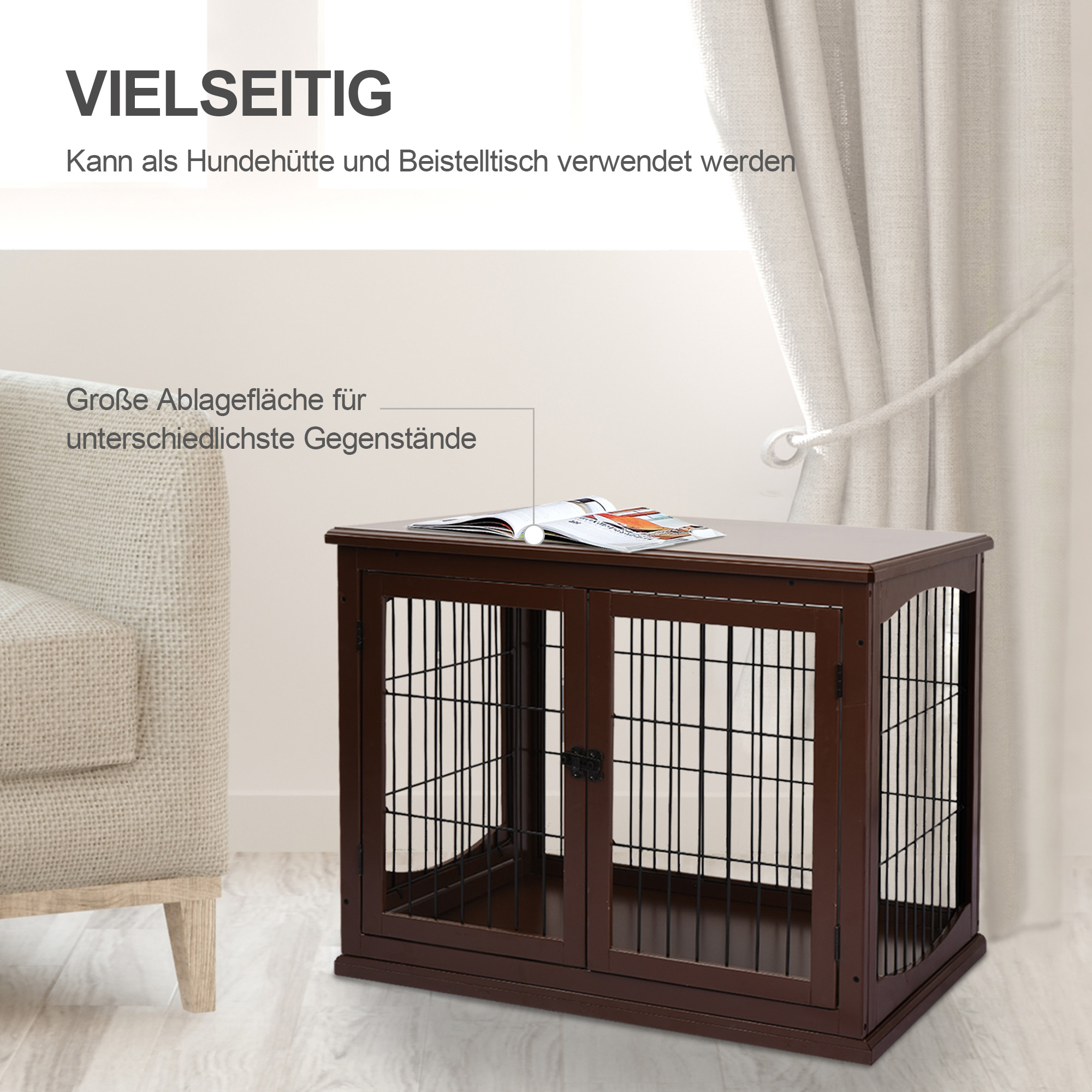 Hundebox, 2 Eingänge, abschließbar, MDF und Metall, 58,4 x 81,3 x 66 cm, Schwarz