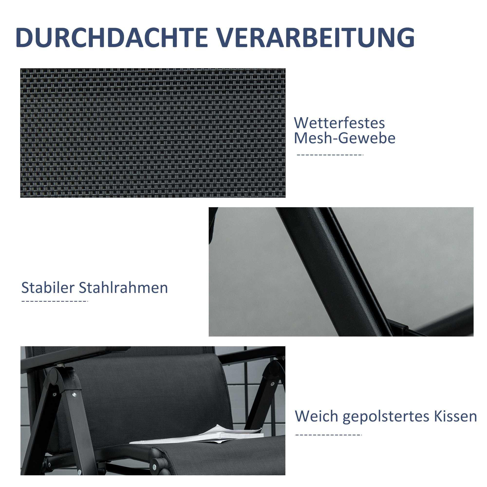 Sonnenliege klappbar Gartenliege mit Kissen Schwerelosigkeit Liegestuhl mit 9-Fach verstellbare Rückenlehne Gartenstuhl bis 150 kg belastbar, für Garten Urlaub Outdoor Strand Pool, Schwarz