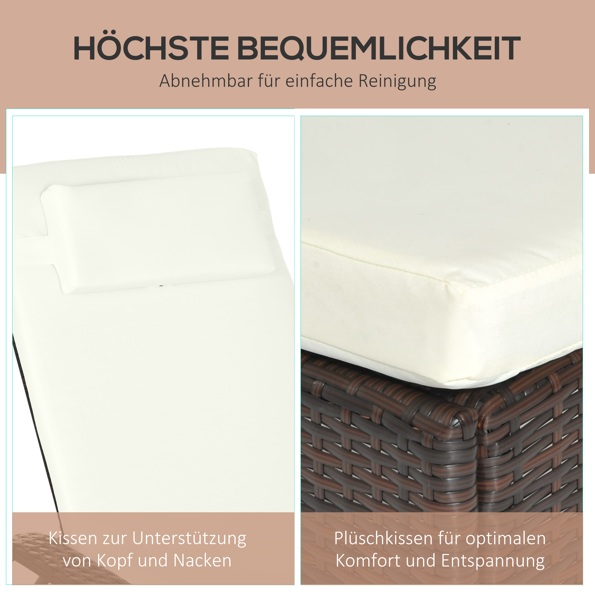 Sonnenliege Polyrattan Gartenliege mit 5-Fach verstellbarer Rücklehne, Polsterauflage, Rollen, Kissen, 160 kg belastbar Relaxliege Liegestuhl für Garten, 200x73x30-103cm, Kaffeebraun