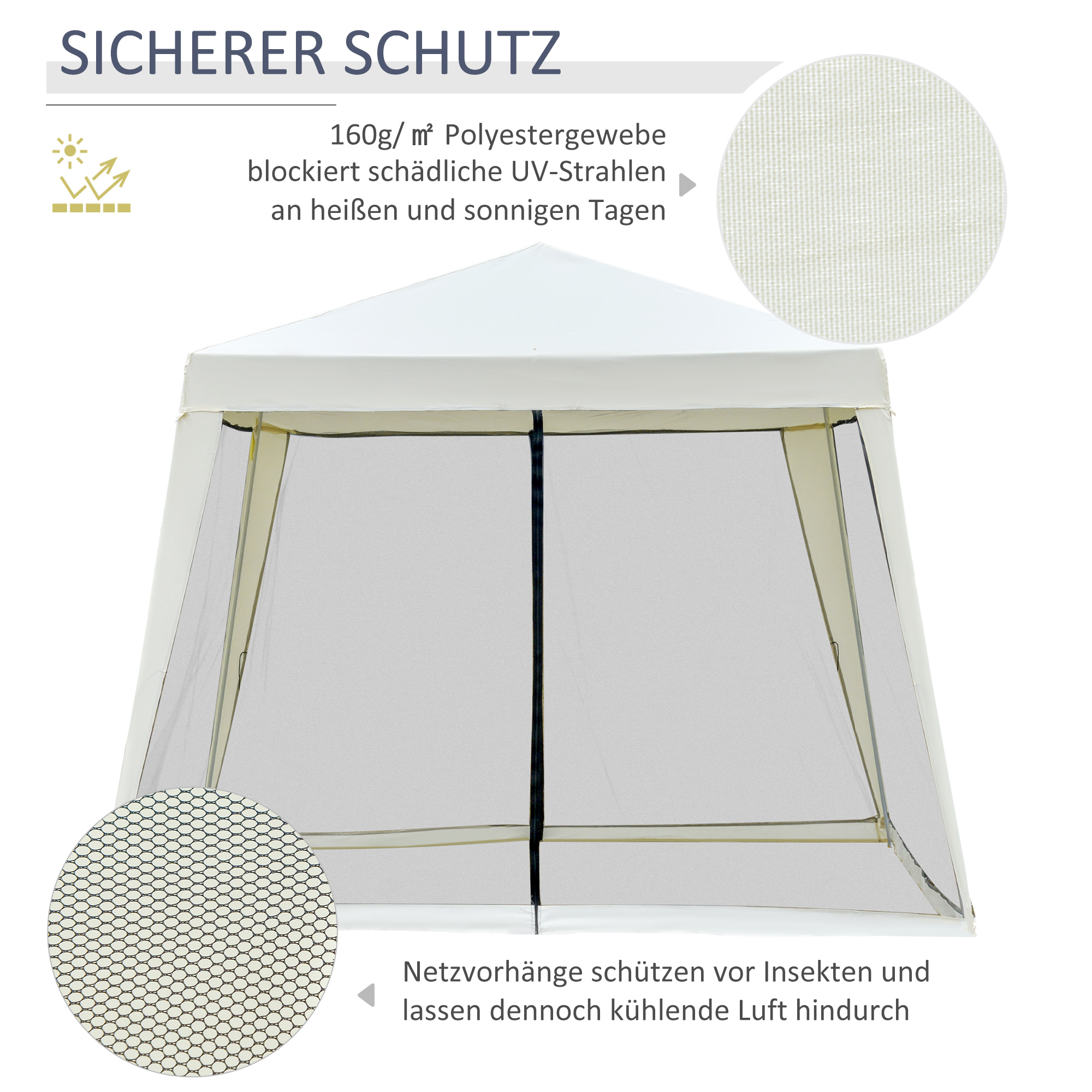 Gartenpavillon Pavillon Festzelt Partyzelt wetterfest Zelt mit Moskitonetz Metall + Polyester Cremeweiß 3 x 3 m