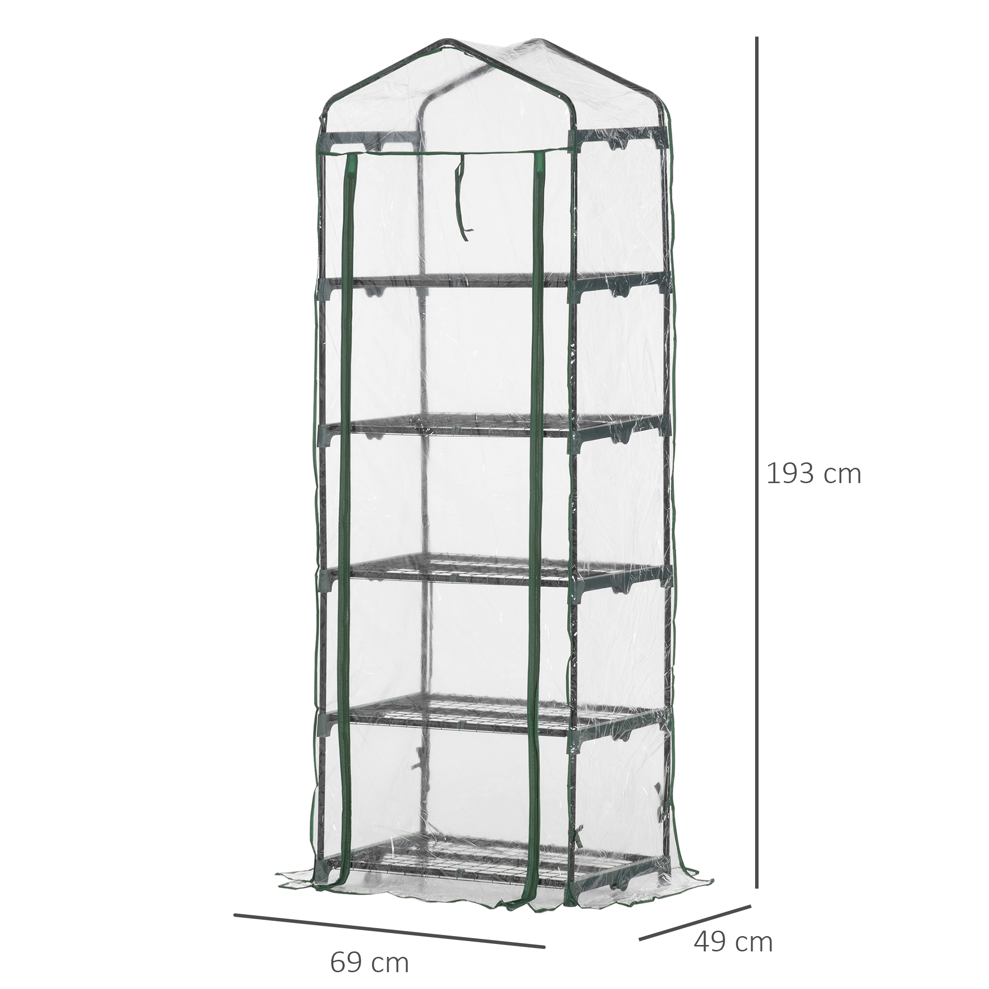 Foliengewächshaus Mini-Gewächshaus mit 5 Regale für Blumen oder Gemüse Aufzucht Treibhaus Transparent+Grün Stahl Kunststoff 69 x 49 x 193 cm