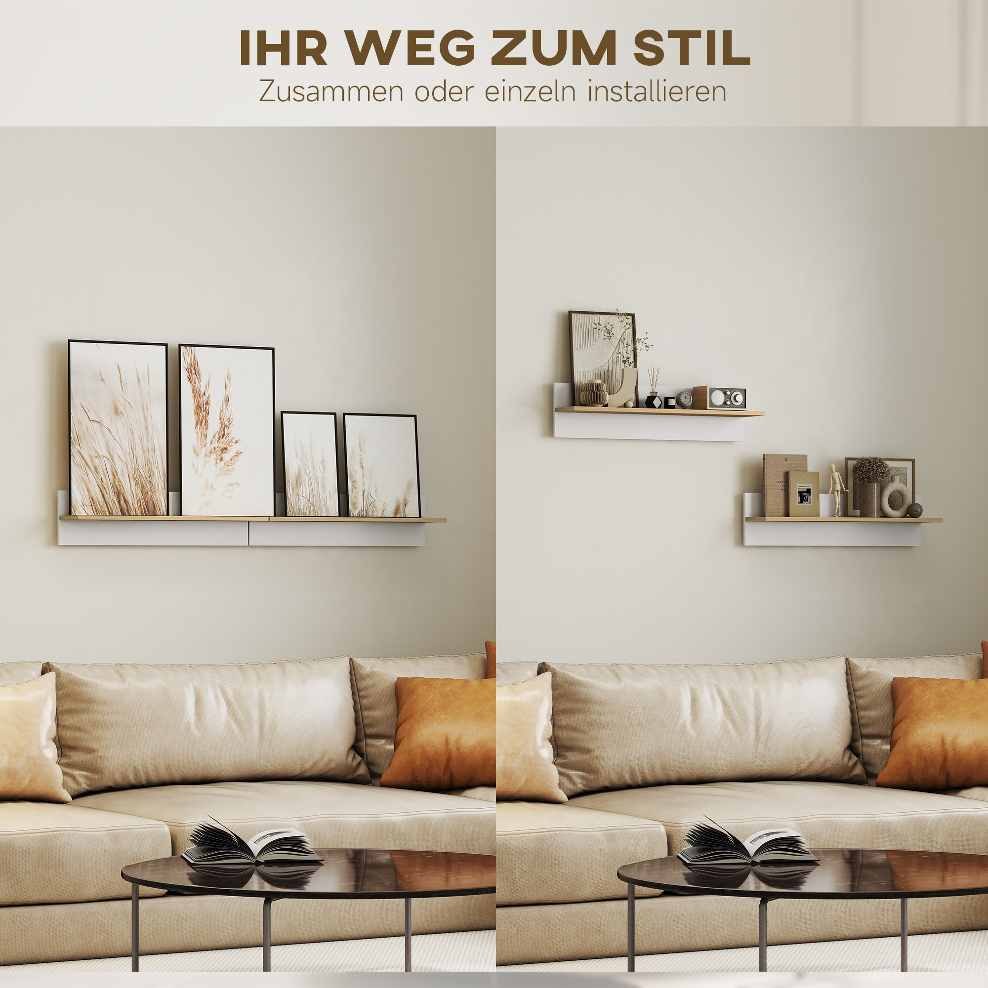 Wandregal 2er-Set Schweberegal, Wandboard, Regalbrett zur Präsentation, für Küche, Wohnzimmer, Weiß+Naturholz