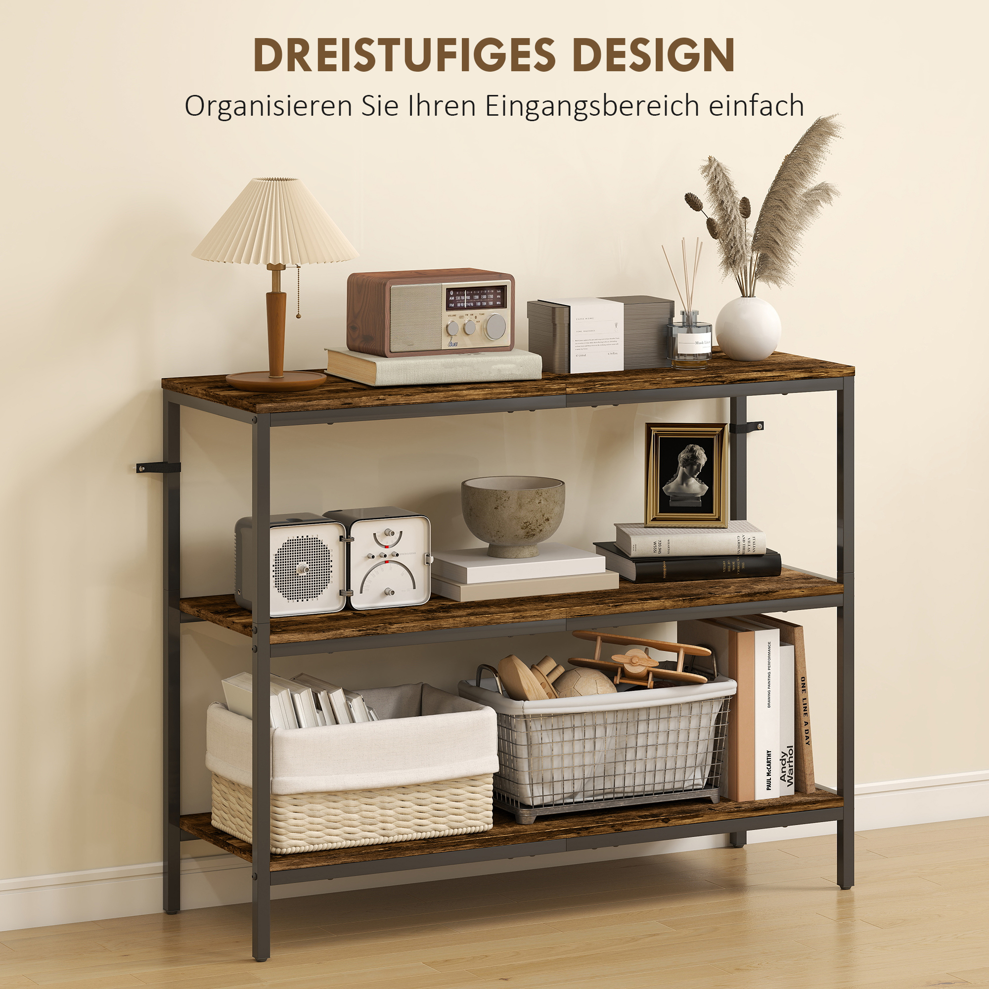 Konsolentisch, Beistelltisch mit 3-stufigem Regal, Spanplatte, Metall, Hellbraun